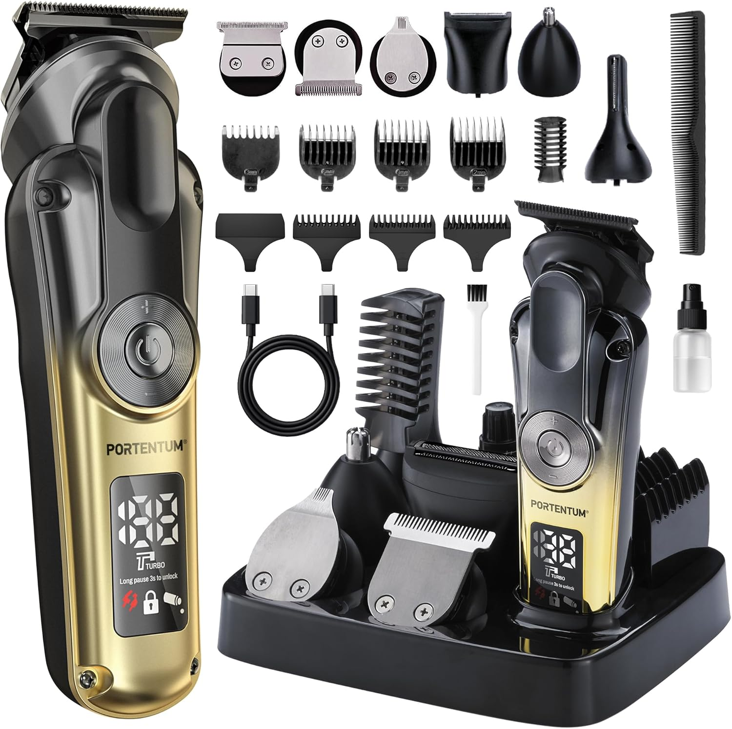 PORTENTUM Professional Hair Trimmer - Set of 21 - LED - Men'S Beard Trimmer - Trimmer for Face and Body - Beard Trimmer - 6 Attachments - 7 Comb Attachments - USB-C - Compact Storage Station image number 2