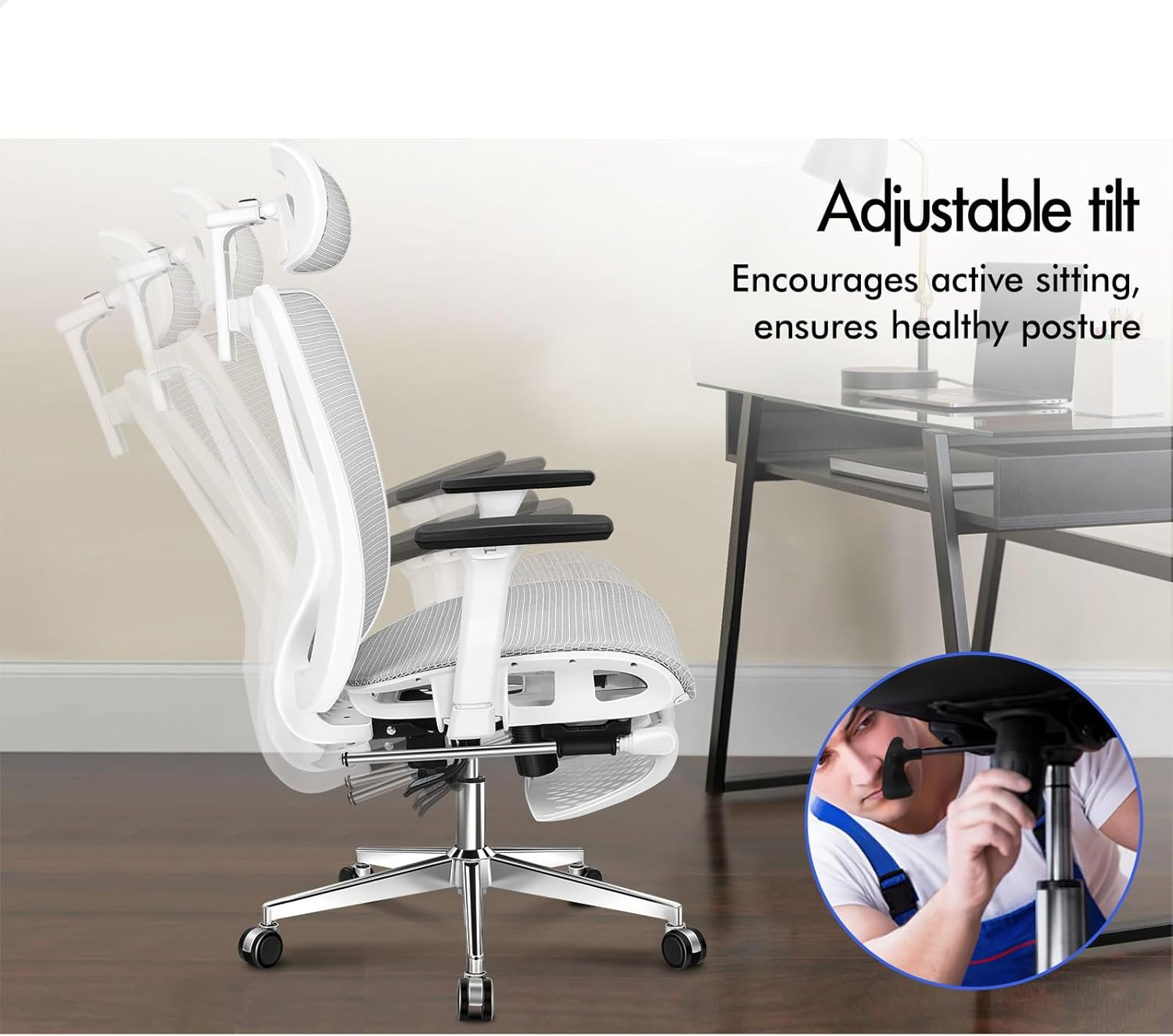 ALFORDSON Ergonomic Mesh Office Chair with 3D Armrest, Recline & Tilt Executive Study Chair with Adaptive Lumbar Support, Computer Gaming Desk Chair with Adjustable Headrest & Footrest, White Grey image number 3