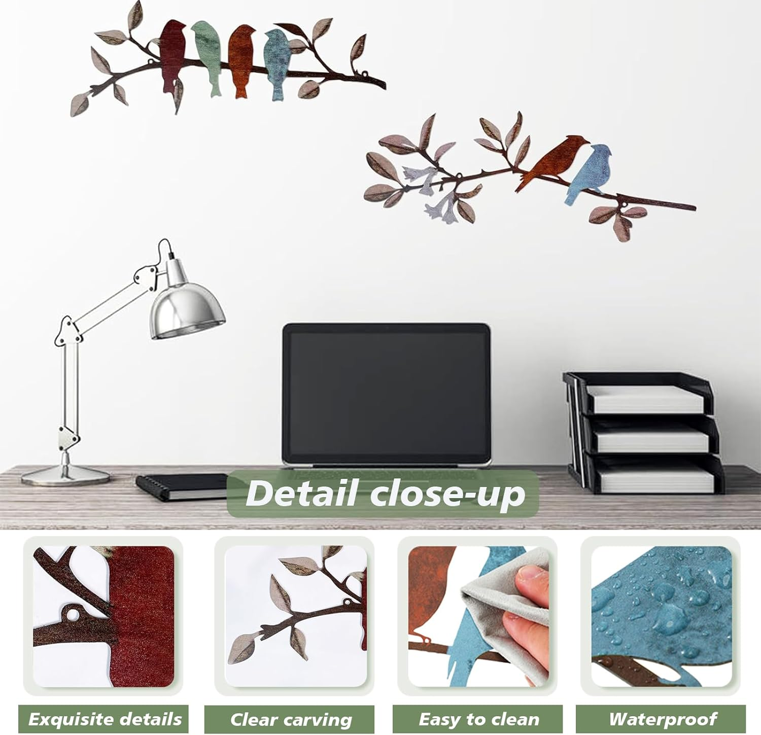 2 Pcs Metal Birds Hanging Bird Picture Wall Decor, Vivid Birds on Branch Art, Metal Silhouette Sculpture, Colorful Leaves Rustic Decor, for Balcony Garden, Indoor & Outdoor (Black) - Black image number 3