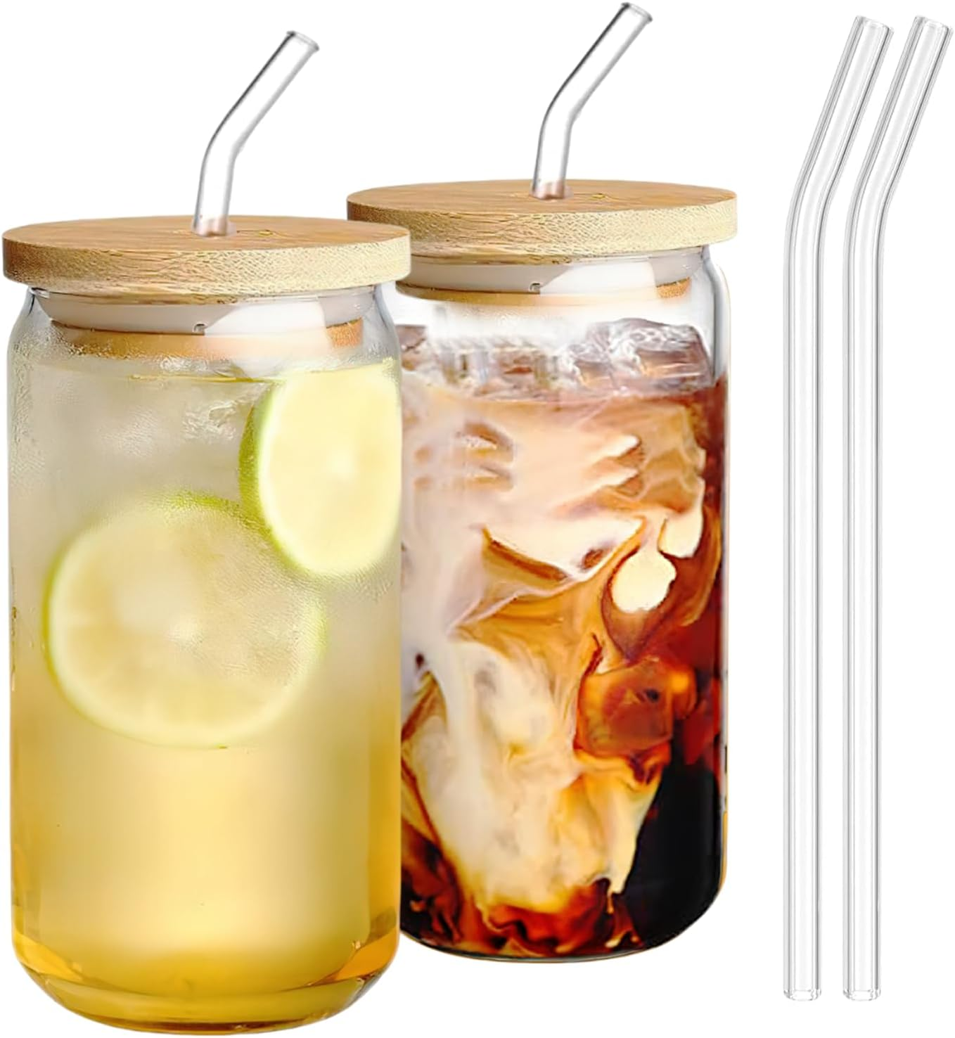 2Pcs Cup with Straw, Drinking Glasses with Bamboo Lids and Glass Straw, 17 Oz Can Shaped Glass, Smoothie Cup, Ideal for Drinks, Coffee, Cocktails, Whiskey image number 5
