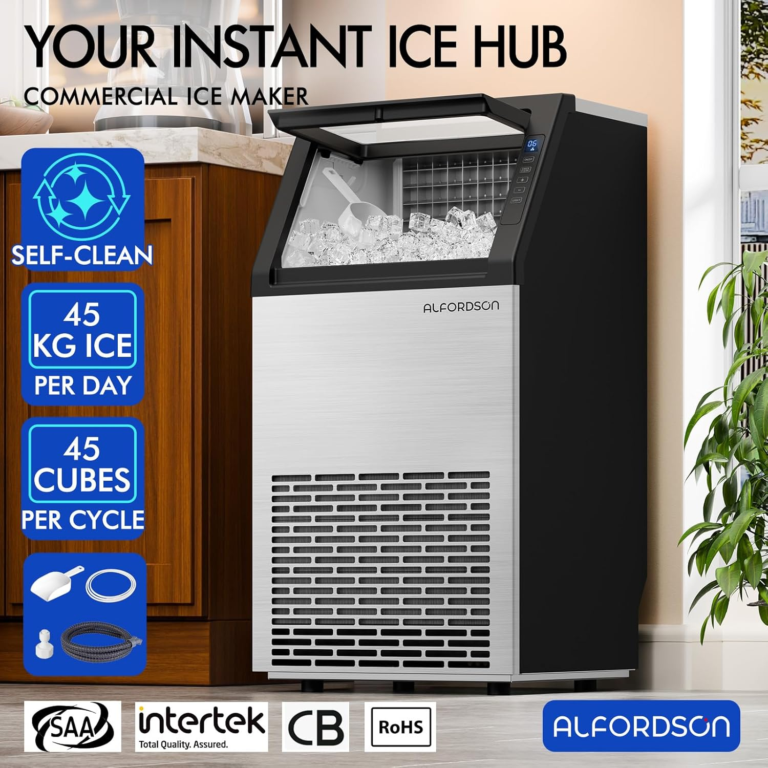 ALFORDSON Ice Maker Commercial Machine Ice Cube Makers Stainless Steel 45Kg Ice Cube, Self-Cleaning, with Scoop for Bar Restaurant Cafe Home image number 1