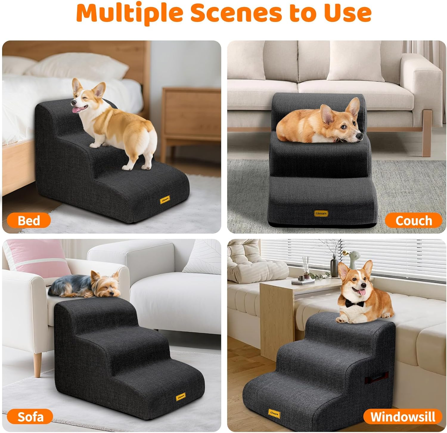 Gimars Extra Wide Sturdy 30D High Density Foam 3-Step Dog Stairs for Sofa, Pet Stair for Small Medium Dog Black image number 1