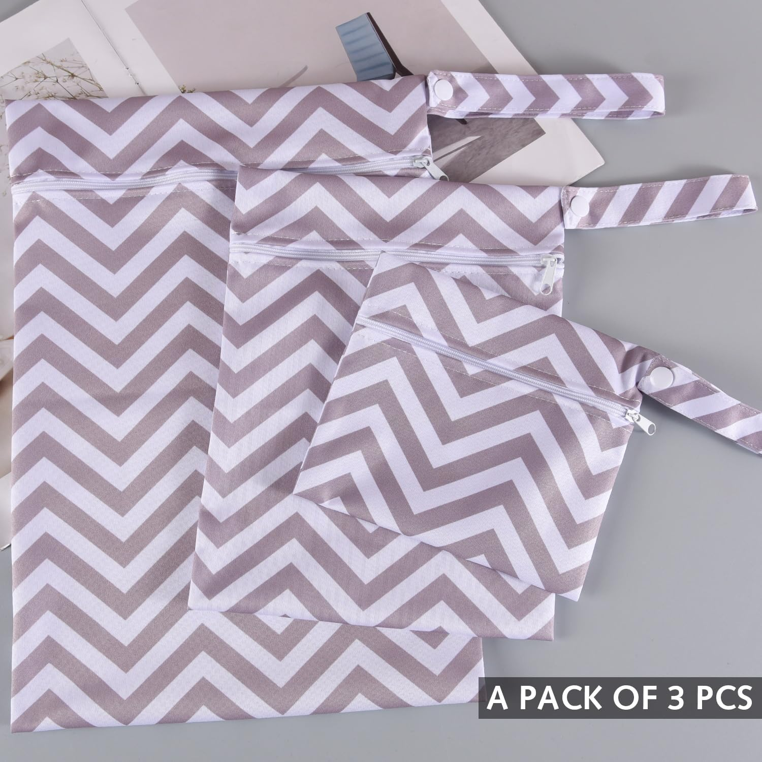 3Pcs Wet Bag, Waterproof Moisture-Proof Washable Portable Diaper Bag Storage Bag with Zipper for Swimsuits, Dry or Wet Clothes, Grey, Any image number 1