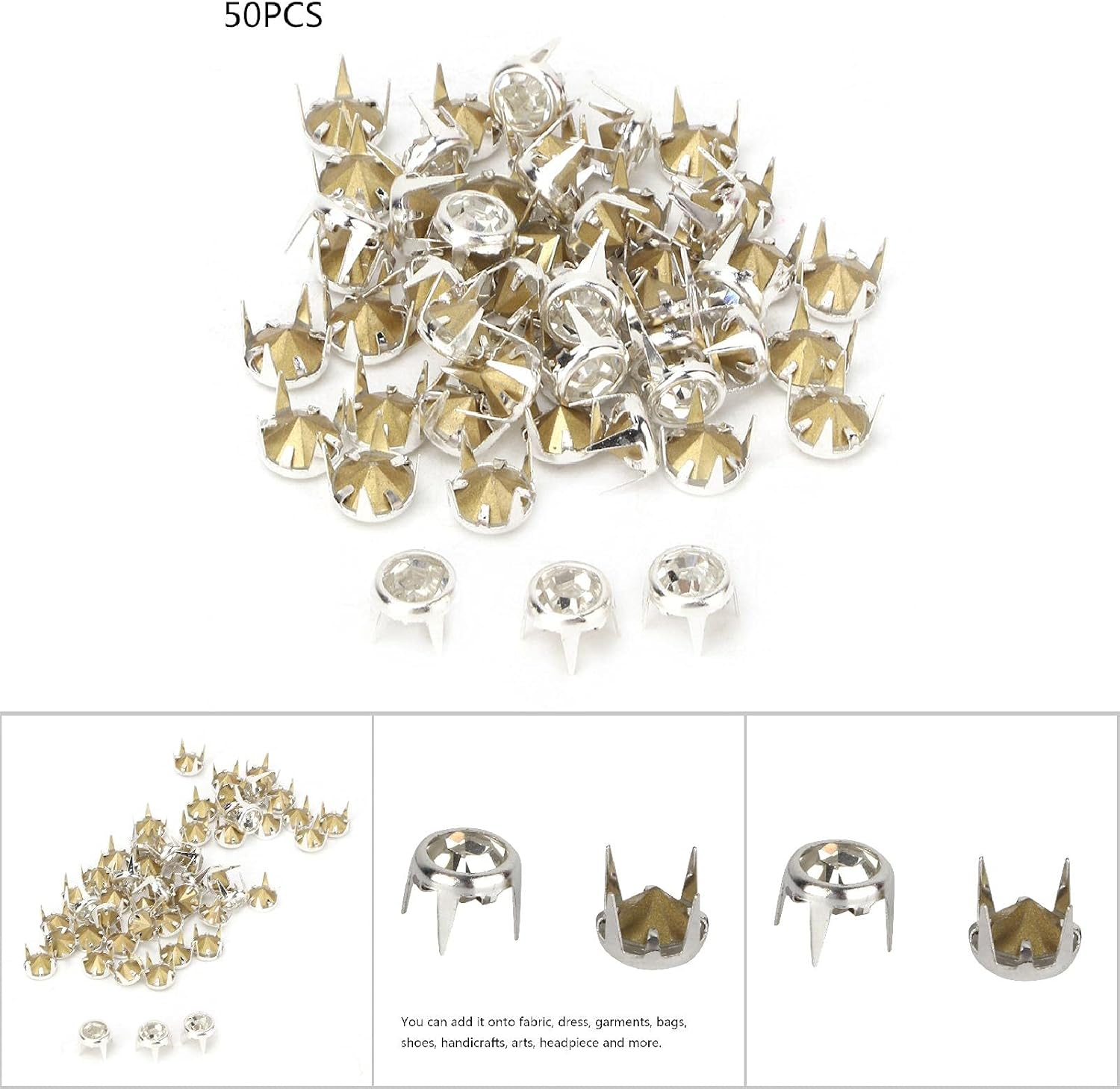 Glitter Rivets for Textiles, Glitter Rivets, Rhinestones with Claws, Rhinestone Nailhead, Pack of 50, 7 Mm Diy Silver round Claw, A-Grade, Rhinestones, Rhinestone Claw, Beads, Nail Head Rivets for Artificial Hand image number 6