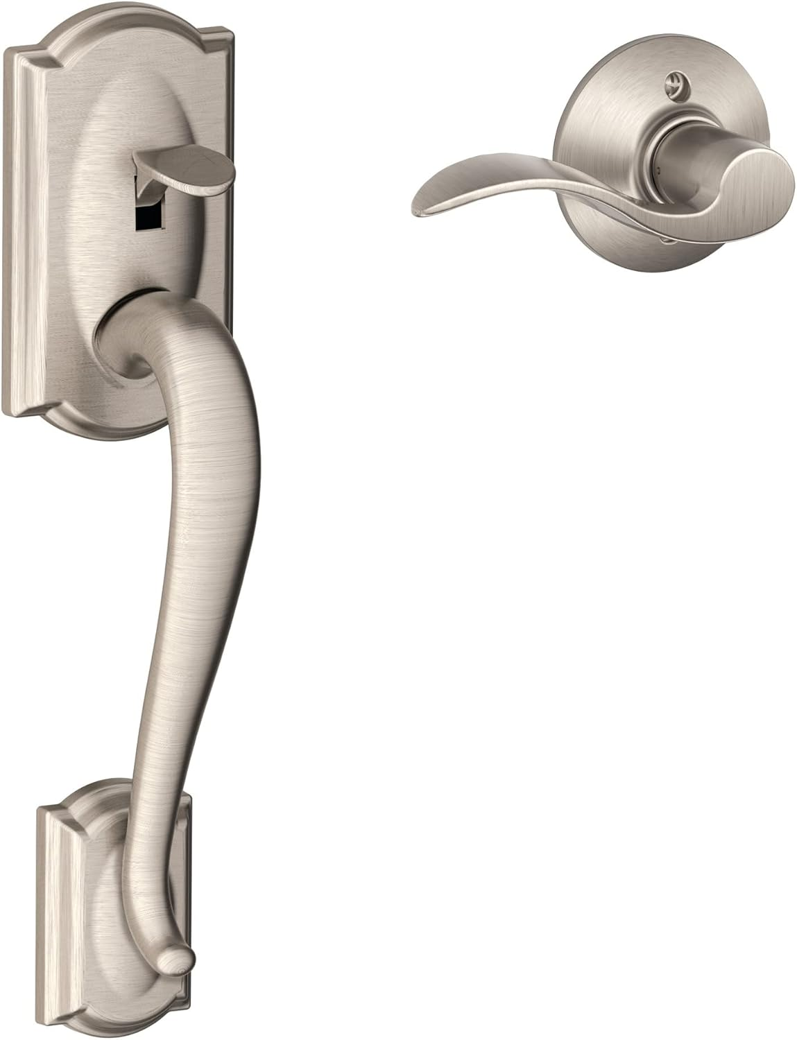 Schlage Camelot Front Entry Handle Accent Right-Handed Interior Lever (Bright Brass) FE285 CAM 505 Acc 605 RH - Satin Nickel