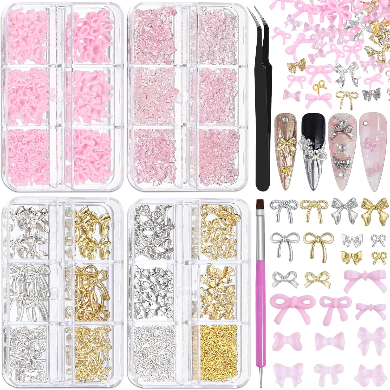 4 Boxes 3D Bow Nail Charms, Black/Silver/Gold Bows Charms Cute Resin Nail Bow Assorted Luxury Metal Bowknots with Pickup Tools for Women Nails Design Crafts DIY