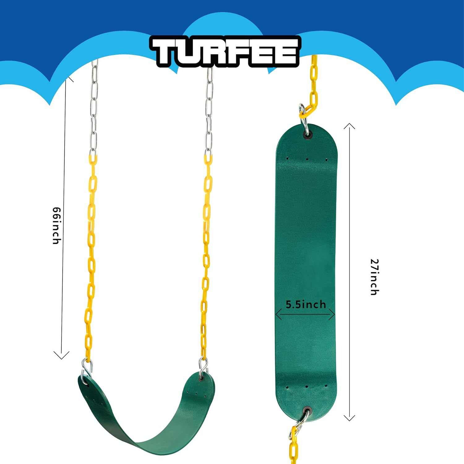 Heavy Duty Swing Seat Green Color with 66&rdquo; Chain, Swing Set Accessories Replacement with Snap Hooks for Kids Outdoor Play Playground, Trees, Swing Set, Playground image number 2