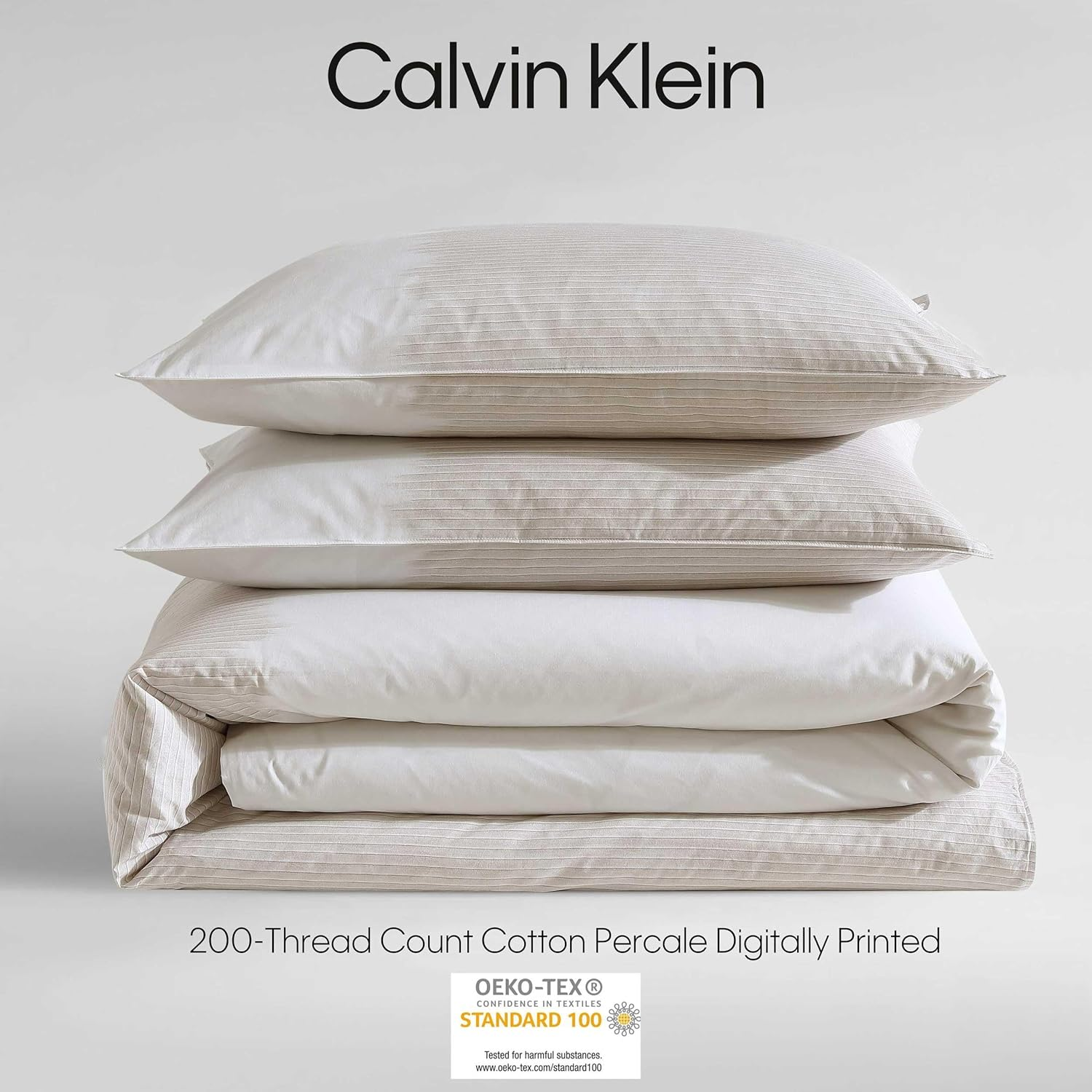 Calvin Klein - King Duvet Cover Set, Soft Cotton Percale Bedding, Ikat Pinstripe Home Decor (Neutral Pink, King)