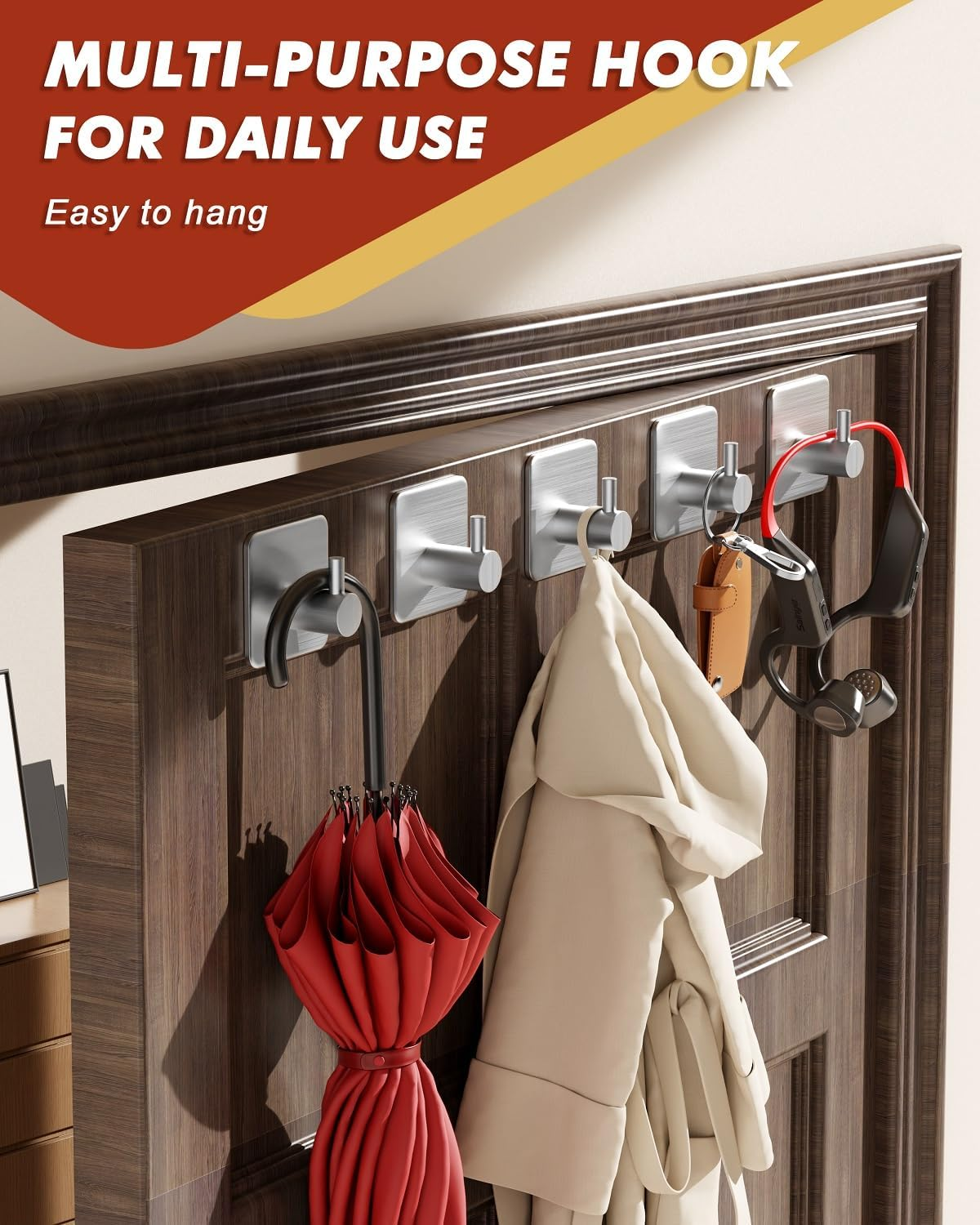 Auxmir Adhesive Wall Hooks Heavy Duty 30Lb/14Kg(Max) Towel Hooks, 5 Packs Self Adhesive Utility Hooks Stainless Steel for Coat Robe, Waterproof Rustproof Oilproof for Bathroom Shower Kitchen Office image number 5