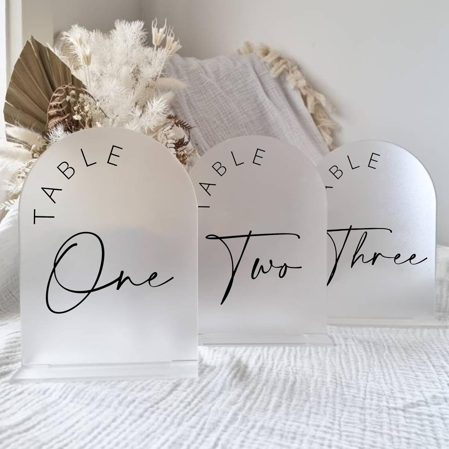 JINMURY Frosted Arch Wedding Table Numbers 1-10 with Stands, 5X7 Inch Frosted Arch Acrylic Sign with White Letters, Frosted Arch Acrylic Table Numbers for Wedding Reception (Frosted Table Numbers