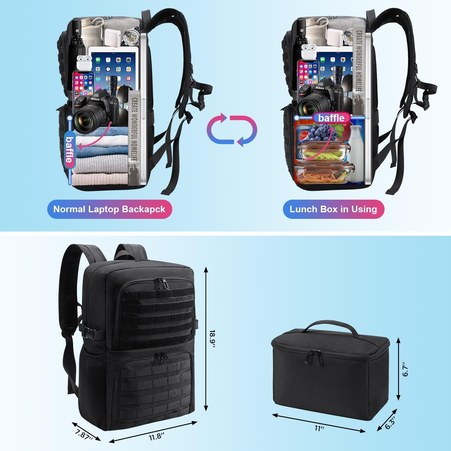 BERTASCHE Backpack with Lunch Box for Men, Black, L-15.6 Inch, Modern image number 5