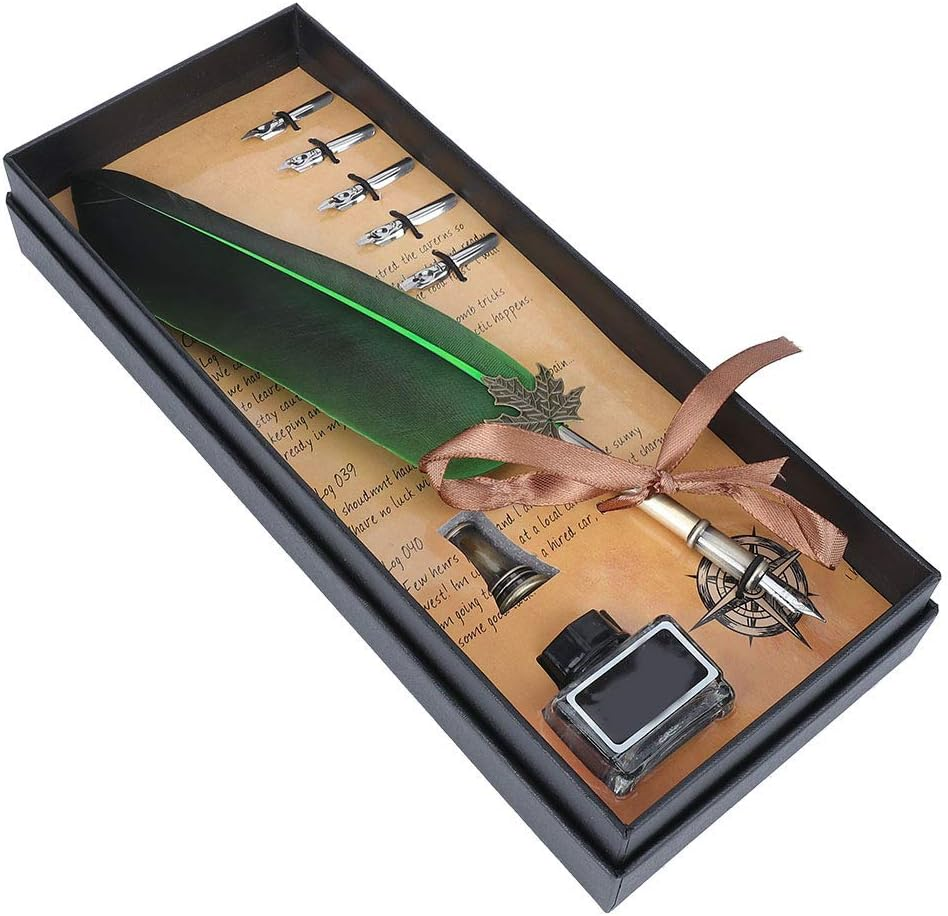 Feather Quill Pen Set, Retro English Calligraphy Dip Pen with 5 Alloy Nibs Antique Set Luxury Vintage Signature Lightweight Writing Ink Stationery Gift Box for Friend Teacher Family(Blue)