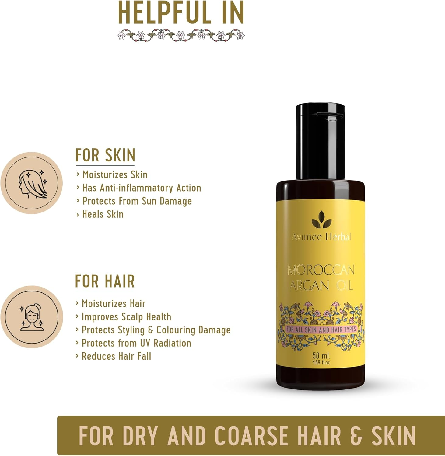 AVIMEE Herbalpure Moroccan Argan Oil | Repairs Split Ends, Reduces Breakage, and Adds Shine | Enriched with Vitamin E | Mineral Oil Free | 50 Ml image number 5
