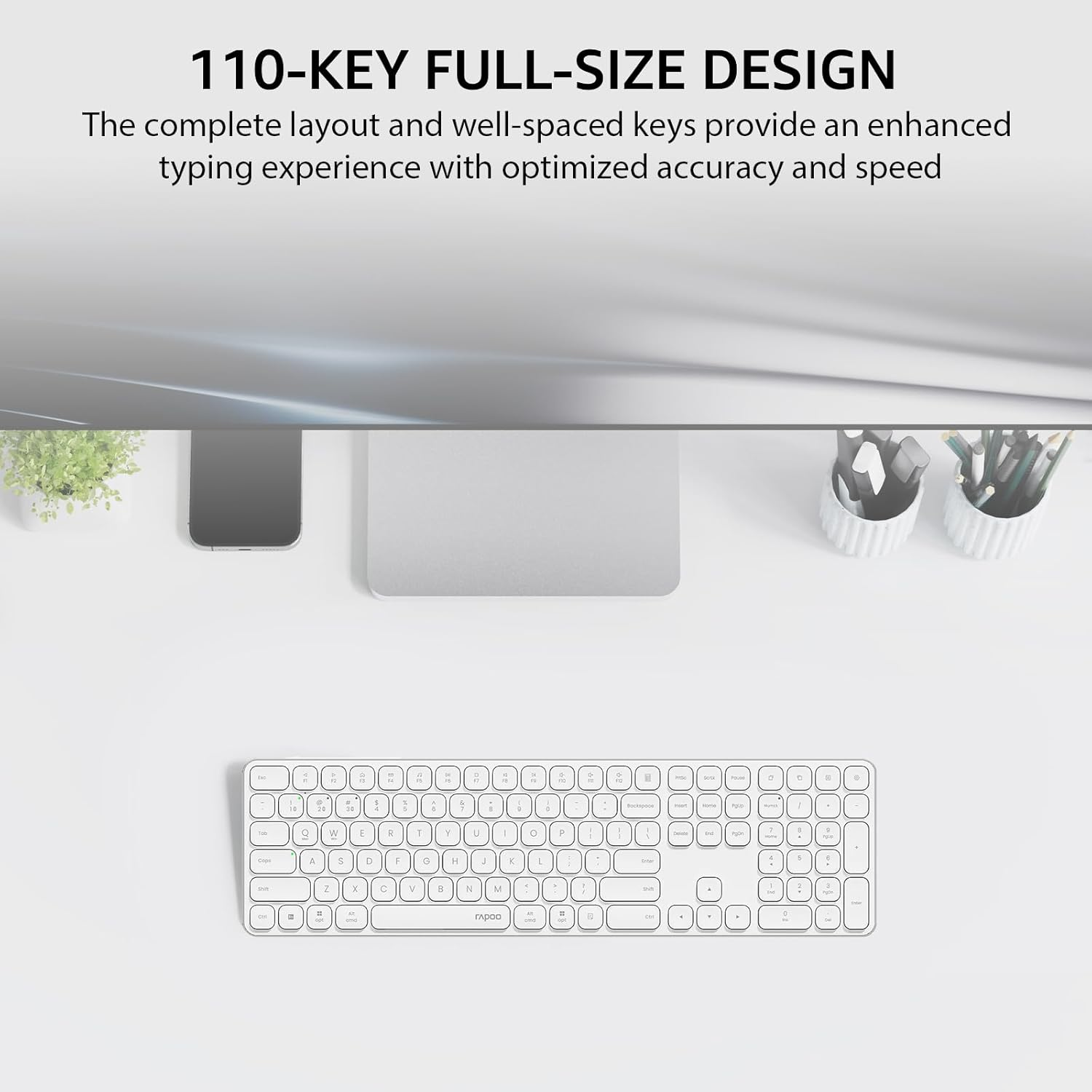 Rapoo E9550L Multi-Device Wireless Keyboard, Blade-Series E9550L 110-Key Ultra-Thin Keyboard, Support 4 Devices, Low-Profile, Quiet, USB-C, Rechargeable, Al-Alloy Frame, for Windows/Mac/Linux/Chrome image number 3