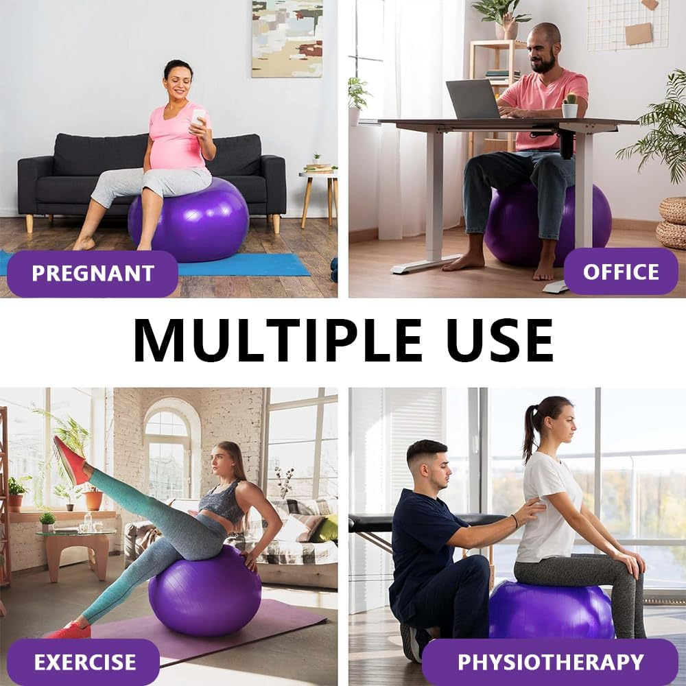 Anti-Burst Yoga Ball 65Cm &ndash; Heavy Duty Exercise Ball with Pump, Non-Slip Stability Ball for Fitness, Pregnancy, Balance, Pilates & Physical Therapy, Frosted Purple image number 6