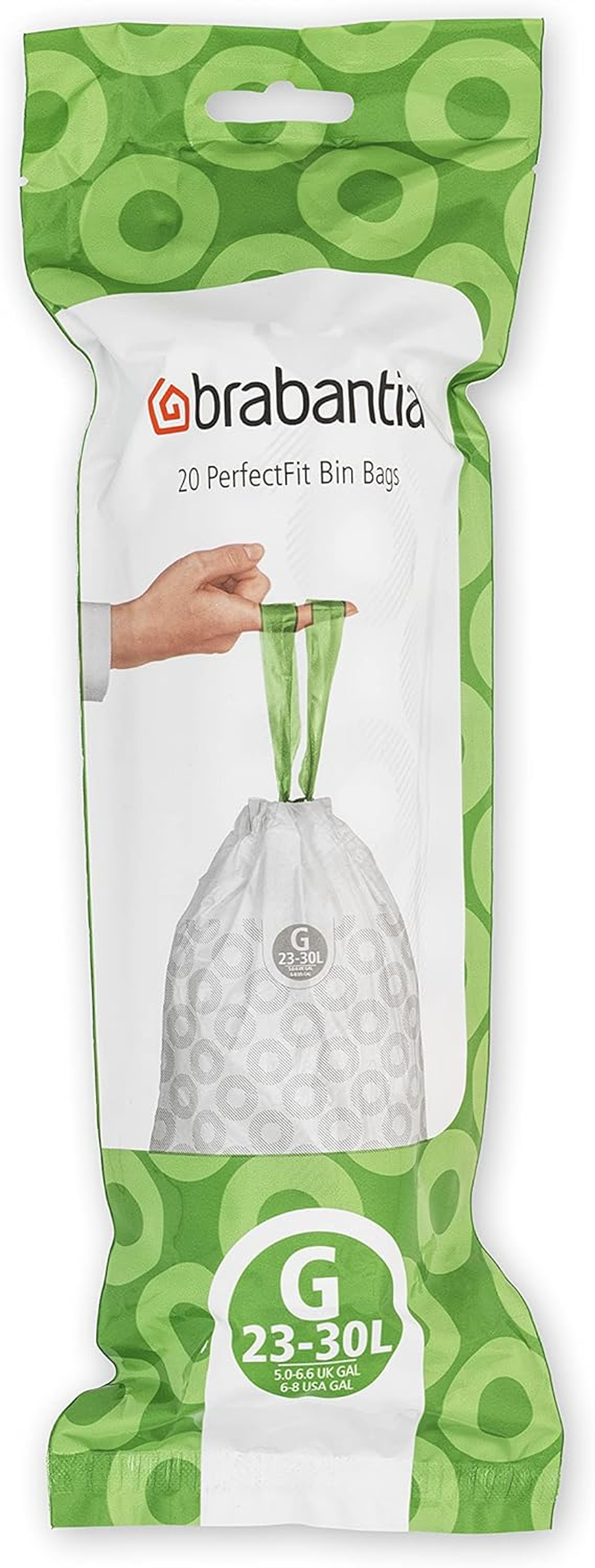 Brabantia 138423 Perfectfit Bin Liners Multipack (Size G/23-30 Litre) Thick Plastic Trash Bags with Tie Tape Drawstring Handles (120 Bags), White image number 1