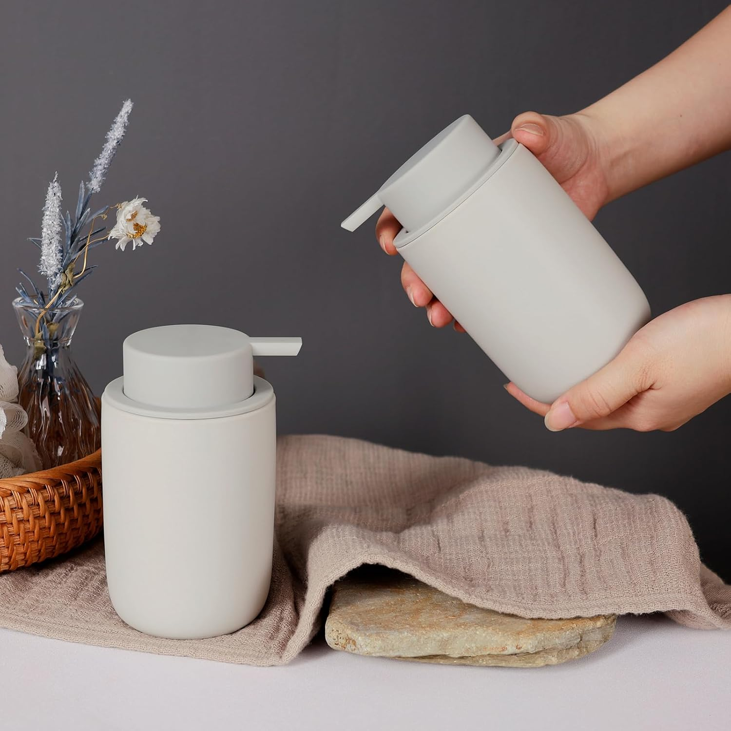 Autumnlife Ceramic Soap Dispenser Set, Grey, Pack of 2 Washing-Up Liquid Dispenser, 350 Ml Soap Dispenser with Large Pump and Label, Refillable Dish Soap Dispenser, Suitable for Kitchen, Bathroom, - Blue - Liquid image number 6