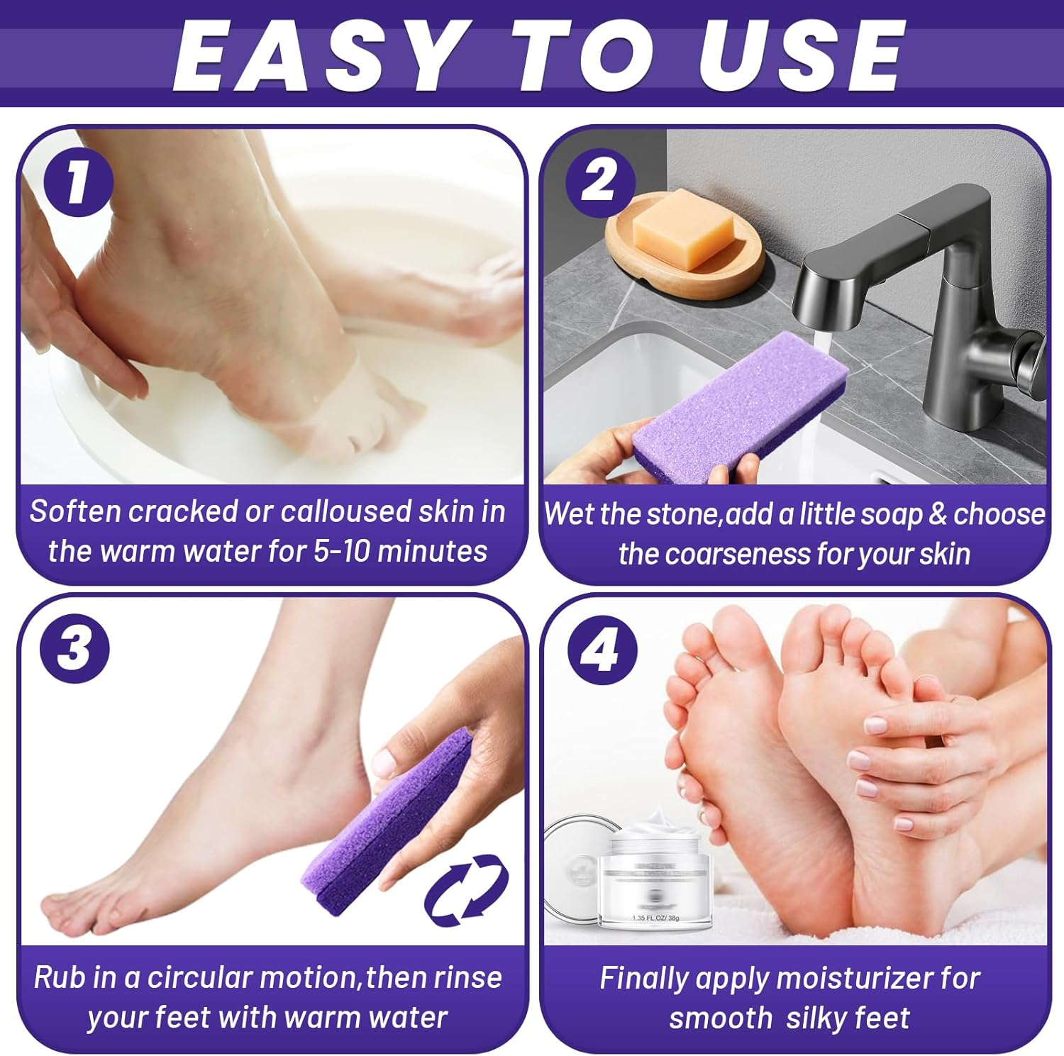 Foot Pumice Stone,Breenhill Feet Hard Skin Callus Remover and Scrubber for Dead Skins 2 Sided (Purple,4Pcs) image number 3