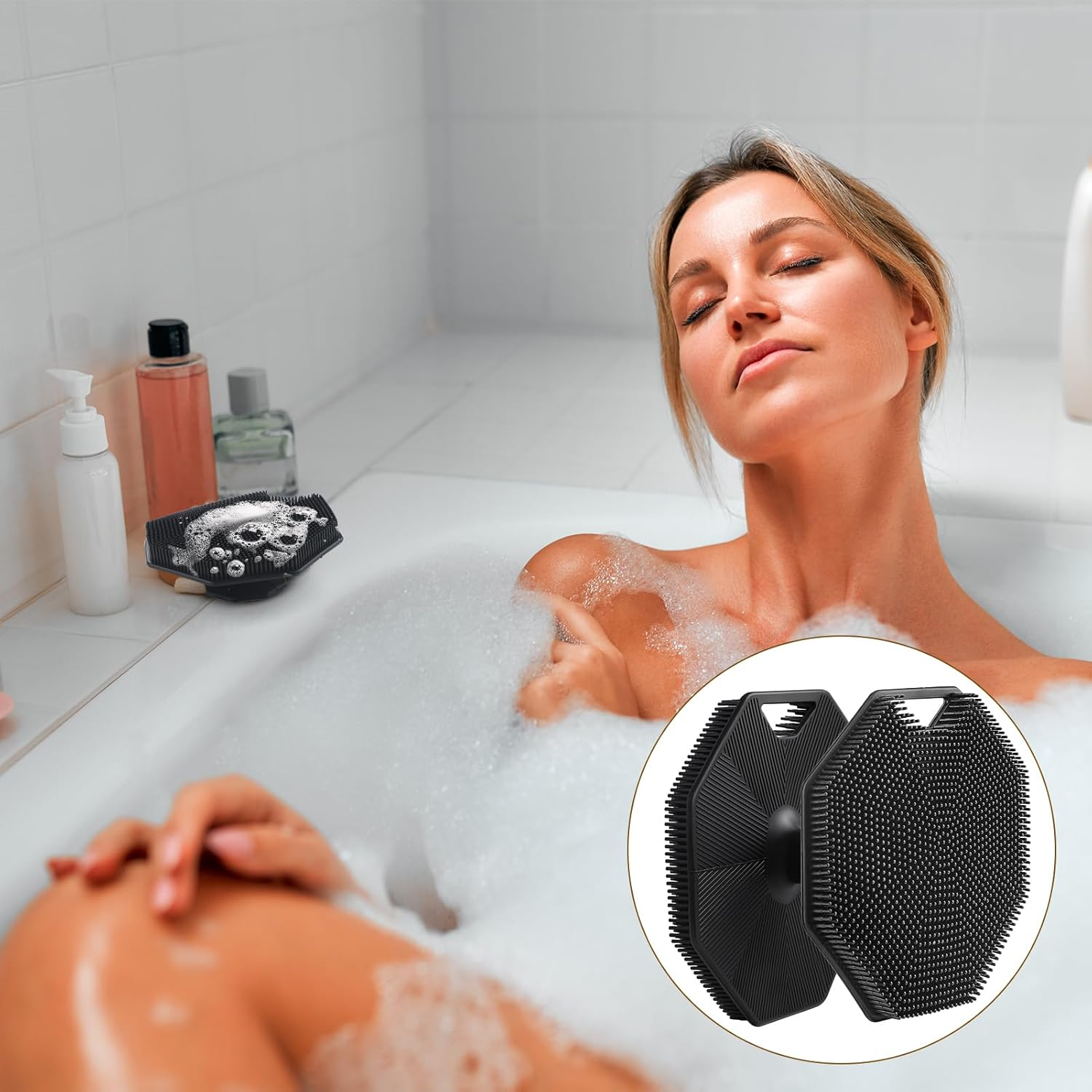 Ergonomic Handle Silicone Scrubber - Facial & Back Exfoliator, Long-Lasting Easy-Clean Design with Lather Boosting Bristles, Compact 22X15X4Cm Body Scrubber for Shower & Spa (Black) image number 2