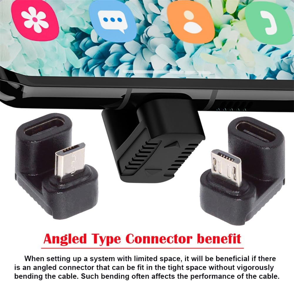 Xiwai 90/360 Degree Angled USB-C to Micro USB Adapter 4 Pack, USB2.0 Type C Female to Micro USB Male Power Data Adapter(Right & Left &Up & Down) for Phone Tablet image number 5