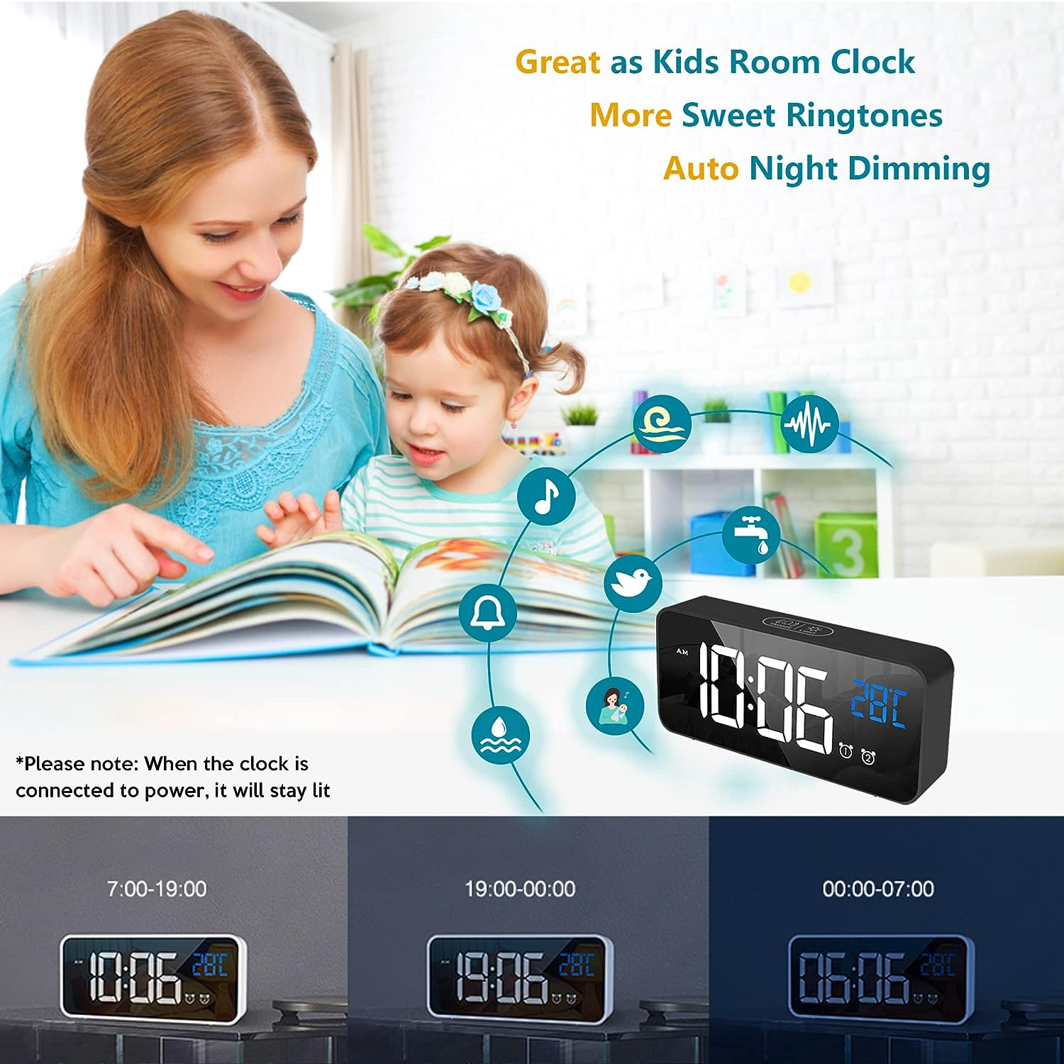 【2026 Upgraded】Digital Alarm Clock with Large Led Temperature Display, Portable Alarm Clock Digital, Snooze Time, Four-Level Adjustable Brightness Dimmer, 13 Music USB Charging Ports for Table Bedroom - 8808-White image number 7