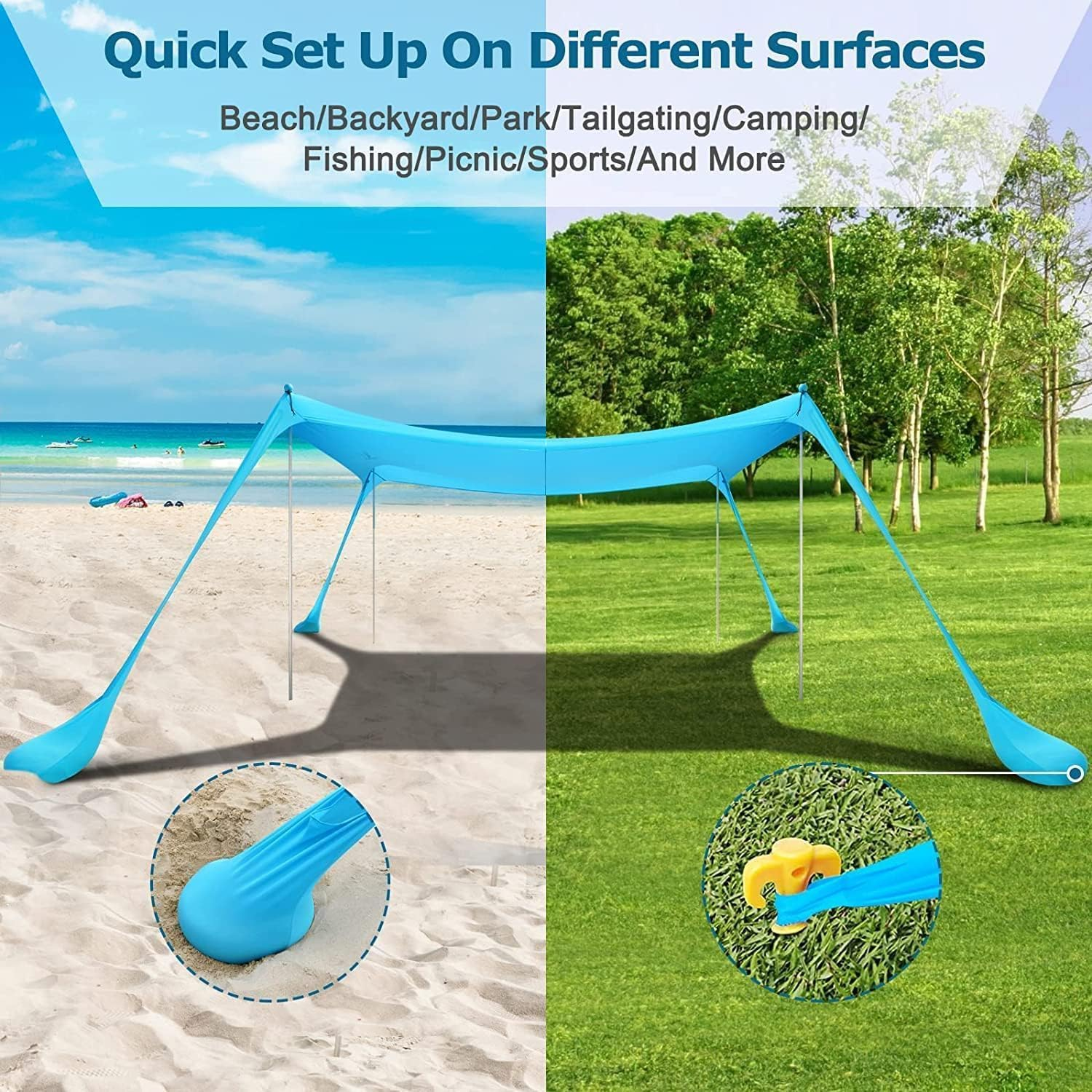Beach Tent, Camping Sun Shelter with UPF50+ Protection, Sand Shovels, Ground Pegs and 4 Stability Poles, Outdoor Pop up Beach Shade Canopy,Camping Trips, Fishing or Picnics (300 * 300 * 200Cm) image number 4