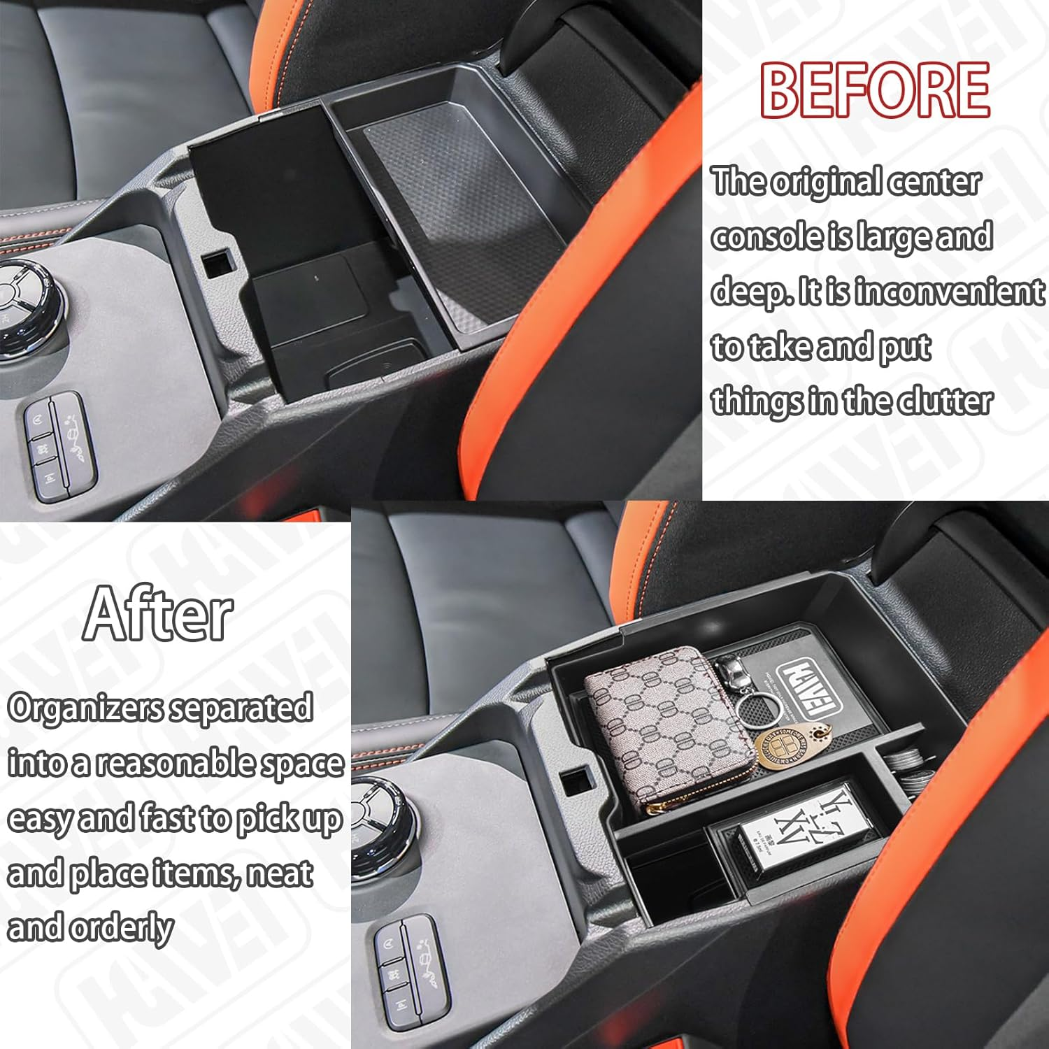 Center Console Organizer Tray Compatible with 2024 2025 Ford Ranger & Ranger Raptor Interior Accessories, Coin Container Armrest Storage Box(Electric Handbrake Version), Black - Black image number 2