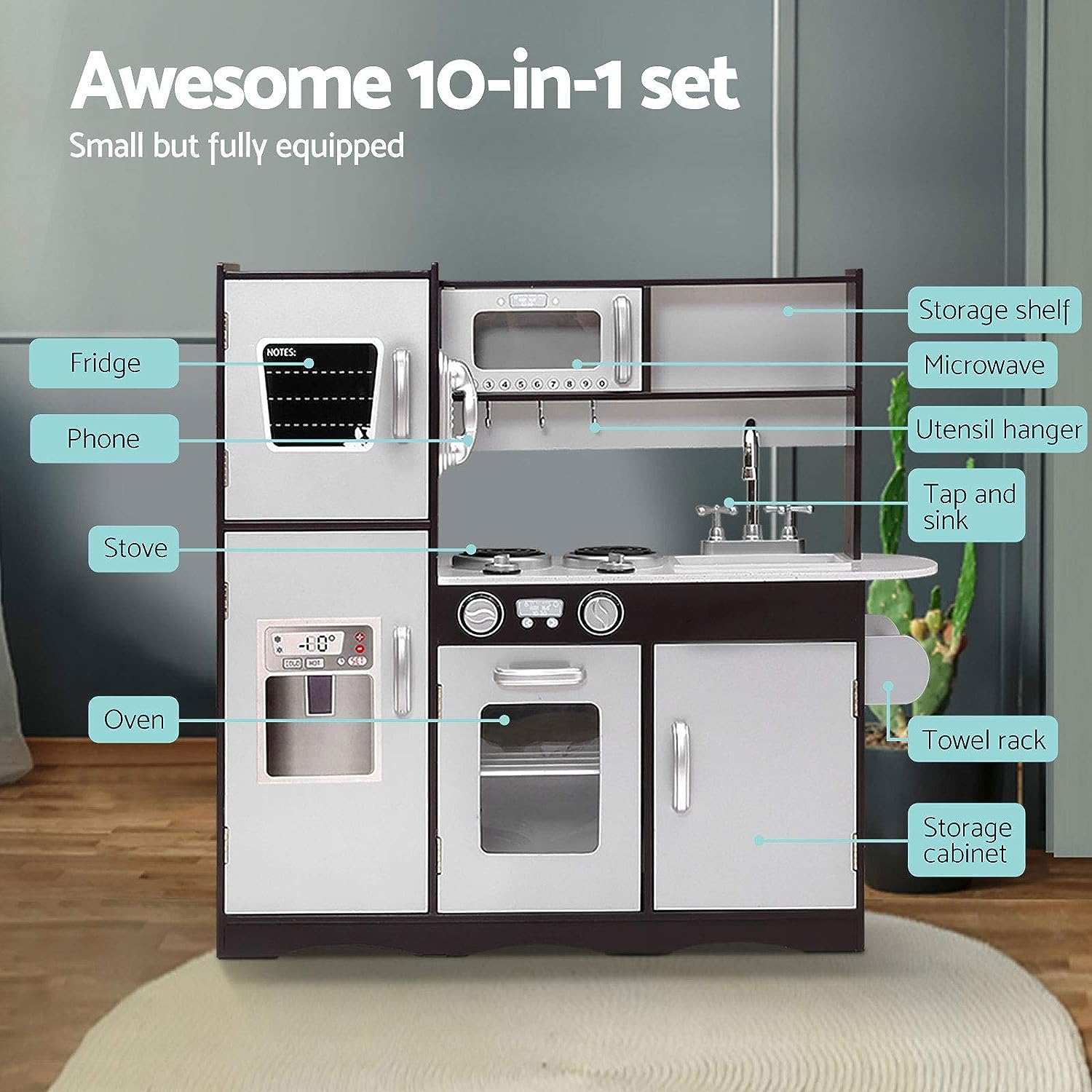 Keezi Kids Kitchen Set Pretend Play Food Playset Wooden Toys Mud Kitchens Children Cooking Cookware Sets Toy Home Cubby House Furniture for Boys Girls, Easy Cleaning White image number 3