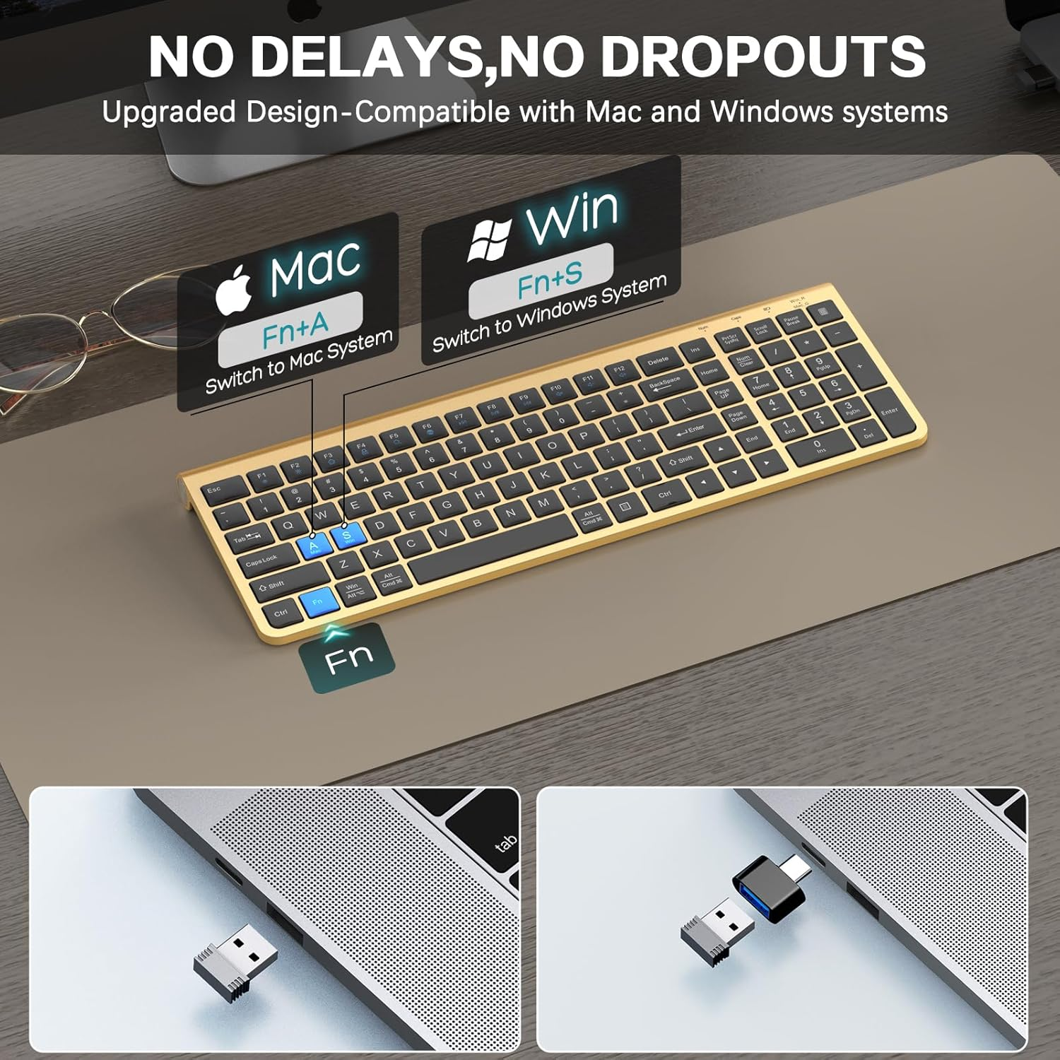 JOYACCESS Black Gold Wireless Keyboard with Low-Profile Keys - 2.4Ghz Full-Sized,Windows & Mac OS, Quiet,Ergonomic Keyboard for Computer, Laptop, PC, Mac,Windows- Gold image number 3