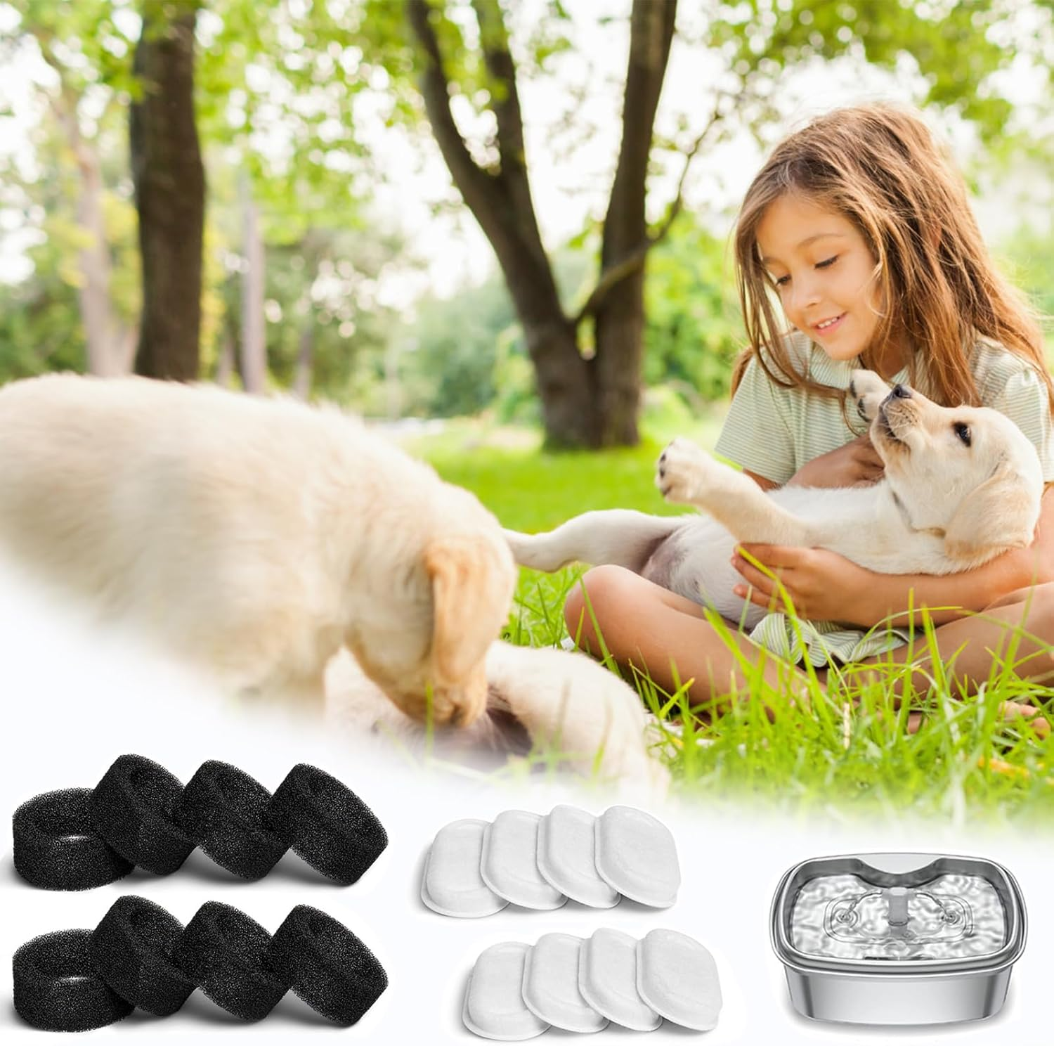 MXTIMWAN Drinking Fountain Cat Replacement Filter, Drinking Fountain Filter, Cat Fountain 8 Pieces Carbon Filter and 8 Pieces Foam Filter, Filter Cat Fountain for 3.2 L Stainless Steel Cat Fountain image number 1