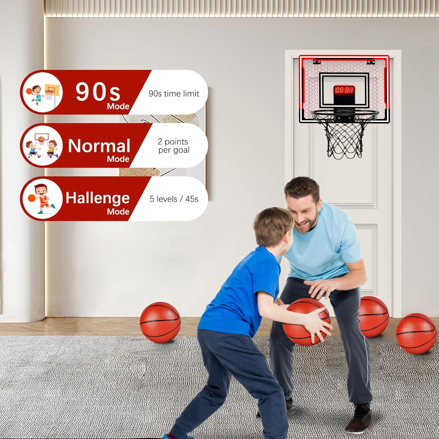Indoor Basketball Hoop for Kids over Door Mini Basketball Hoop with 4 Red Rubber Balls Basketball Ring with Scoreboard Timer and Remote Control Gifts for 4-12 Year Old Boys Girls image number 5