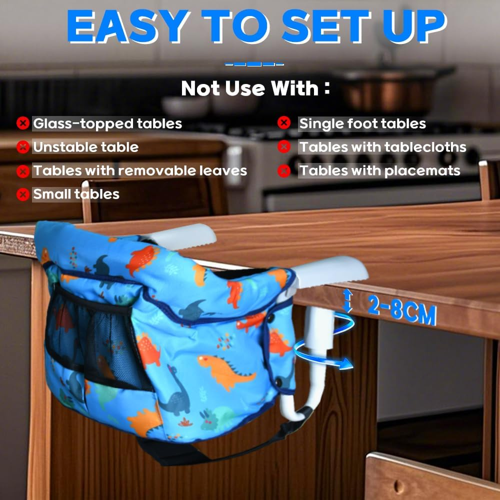 Hook-On High Chair with Adjustable Footrest,Portable, Foldable Baby Feeding Chair for Babies 6-36 Months, Quick Setup with Carry Bag,Table Chair for Travel & Home Use(Blue Dinosaur) - Blue Dinosaur image number 3