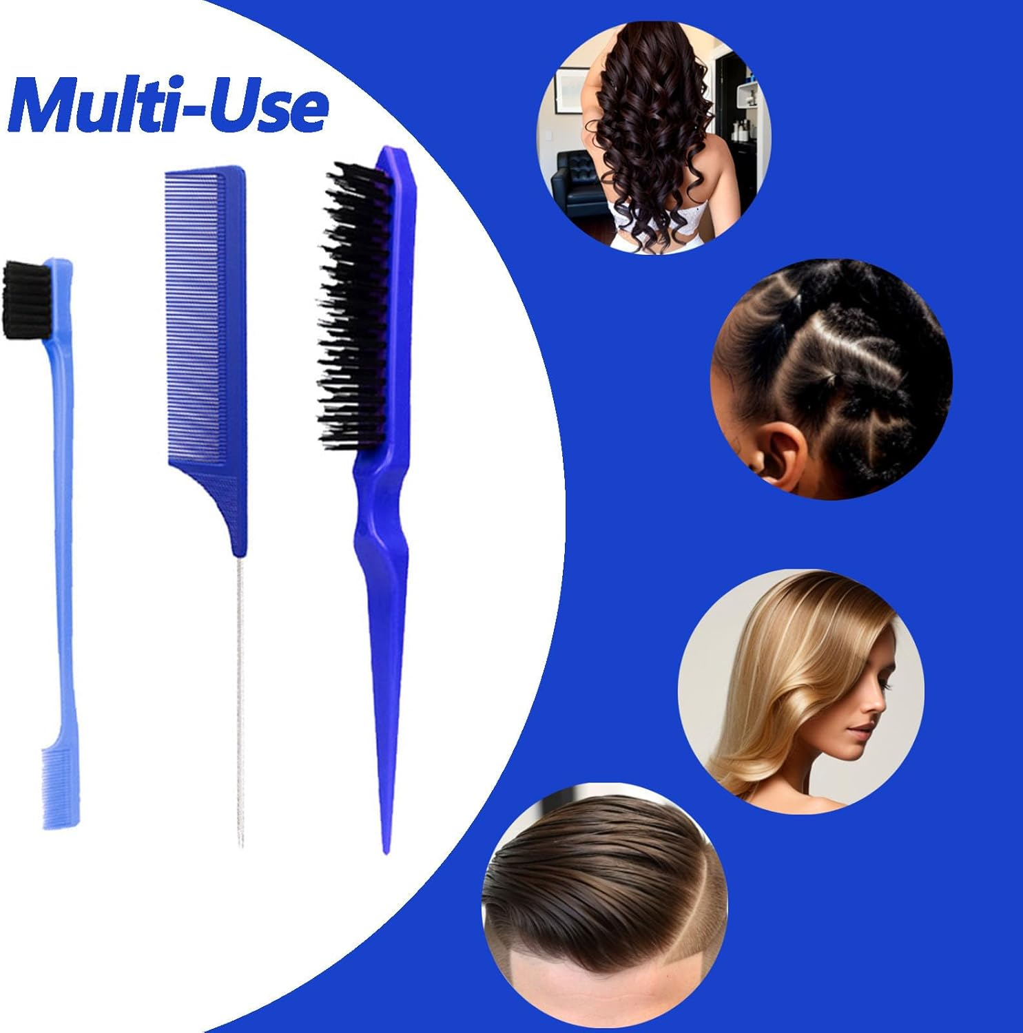 3 Pieces Styling Hair Brush Set, Slick Bristle Hair Brush, Rat Tail Comb Edge Brush for Edge & Back Brushing, Combing Slicking Hair for Women image number 4