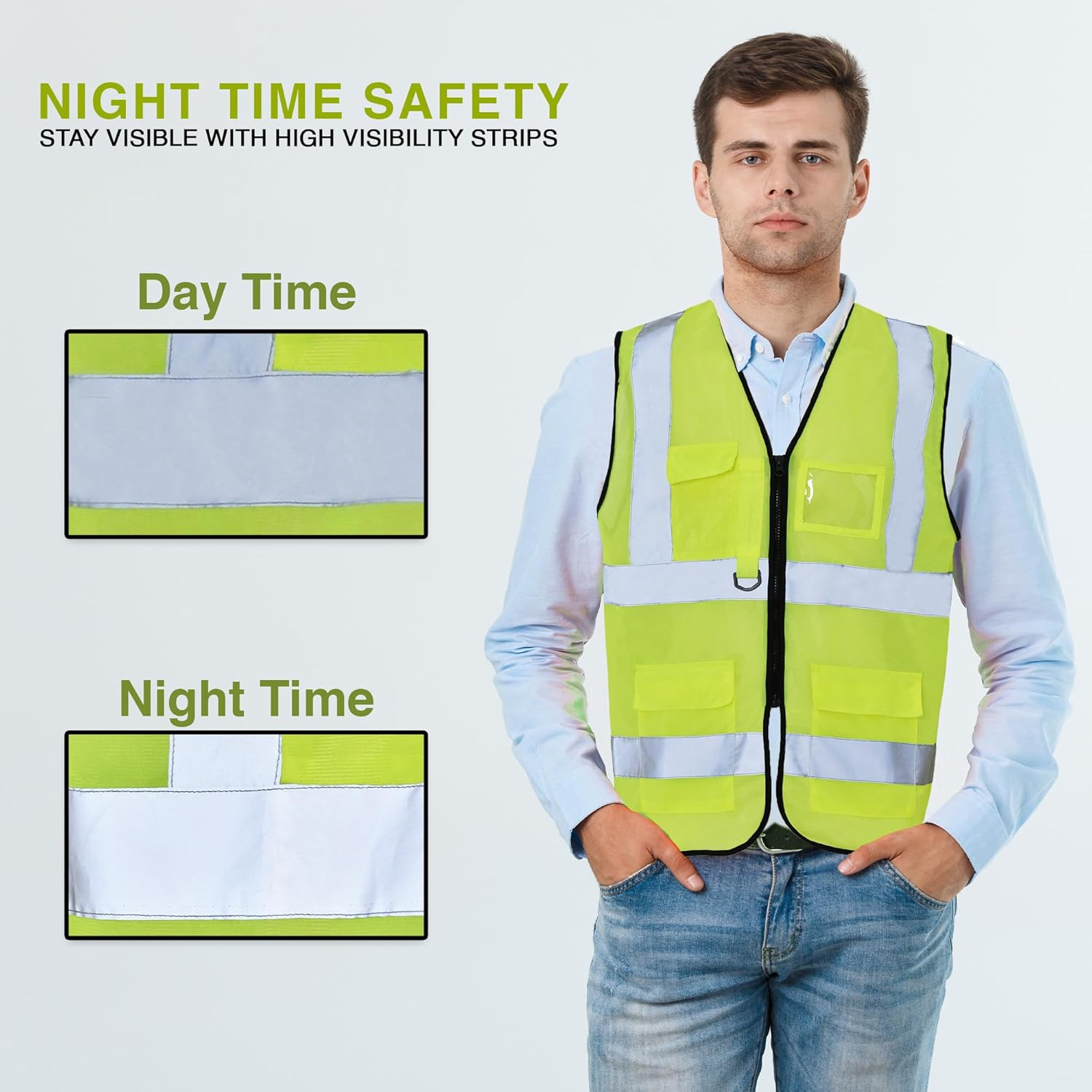 High Visibility Vest Reflective Strip Front & Back 3 Pockets 1 ID Window Ideal for Construction, Security and Industrial Work image number 5