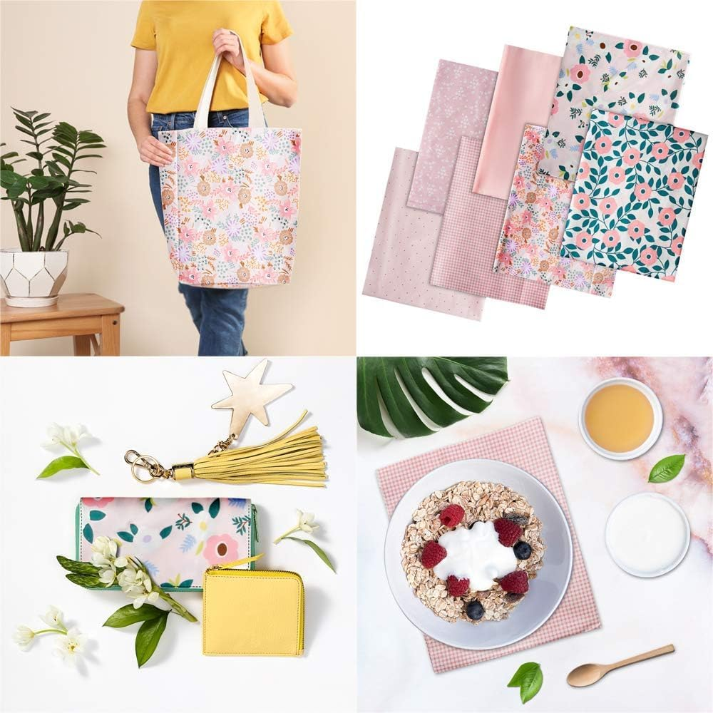 Kalolary 7PCS Pink Fat Quarters Fabric Bundles, Cotton Print Fabric with Green Leaf Red Fruit Gypsophila Strawberry White Flower for DIY Sewing Patterns Craft（19.6" X 15.7", Pink） image number 1