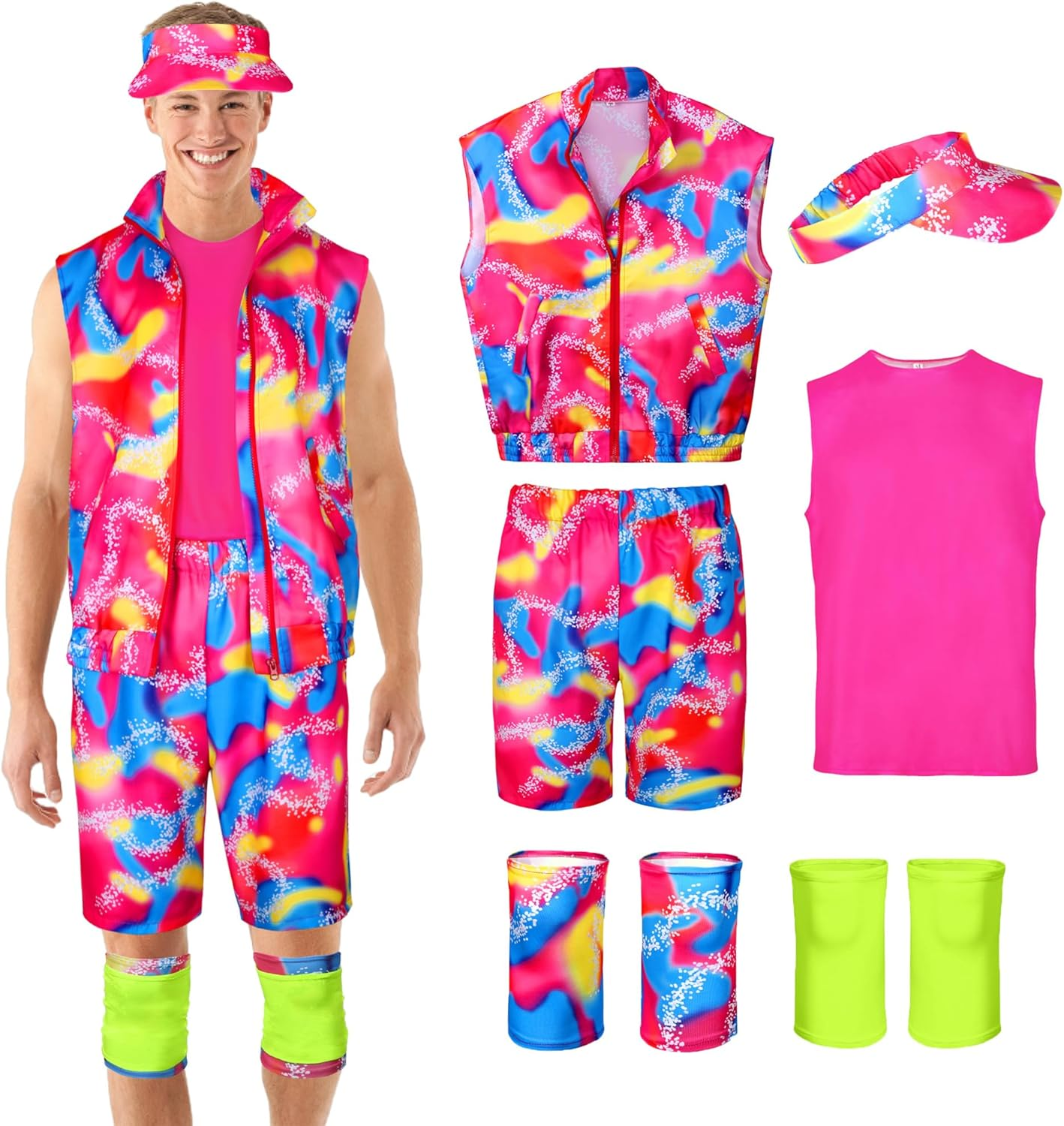 Cosrea Ken Costume for Men Sportswear Tank Top Vest Beach Shorts Sun Visor Kneepad Outfit 80S Workout for Adult Halloween image number 6