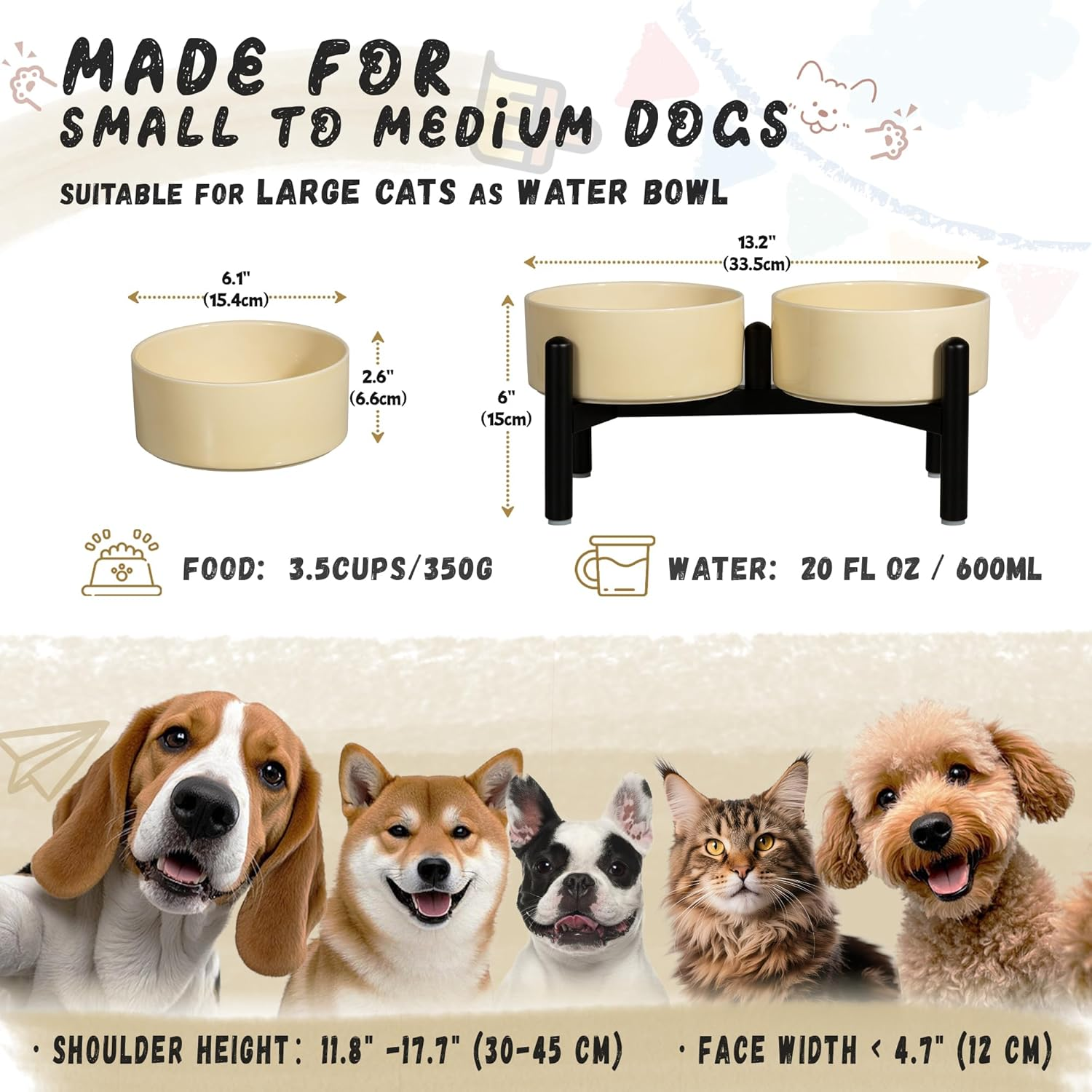 Ceramic Elevated Dog Bowl Set - Dog Feeder Station with Cute-Style Double Bowls for Small and Medium Size Breed - Non-Slip Raised Dish for Food and Water Feeding- 6 Inch - 3.5 Cups / 20 Fl Oz - Khaki image number 5