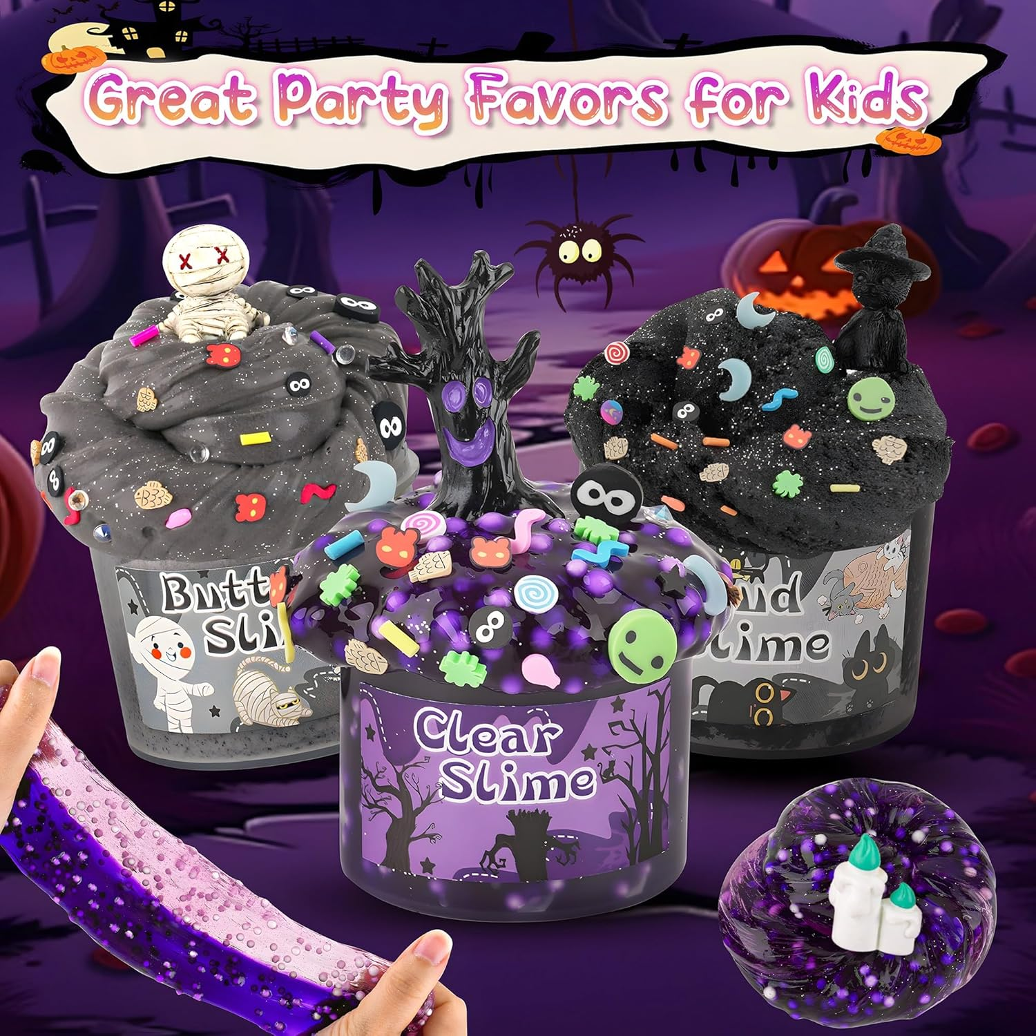 LAWOHO Set of 6 Purple and Black Slime Set with Fluffy Cloud Slime, Clear Slime & Butter Slime, Children'S Birthday Halloween Party Bag Girls and Boys image number 2