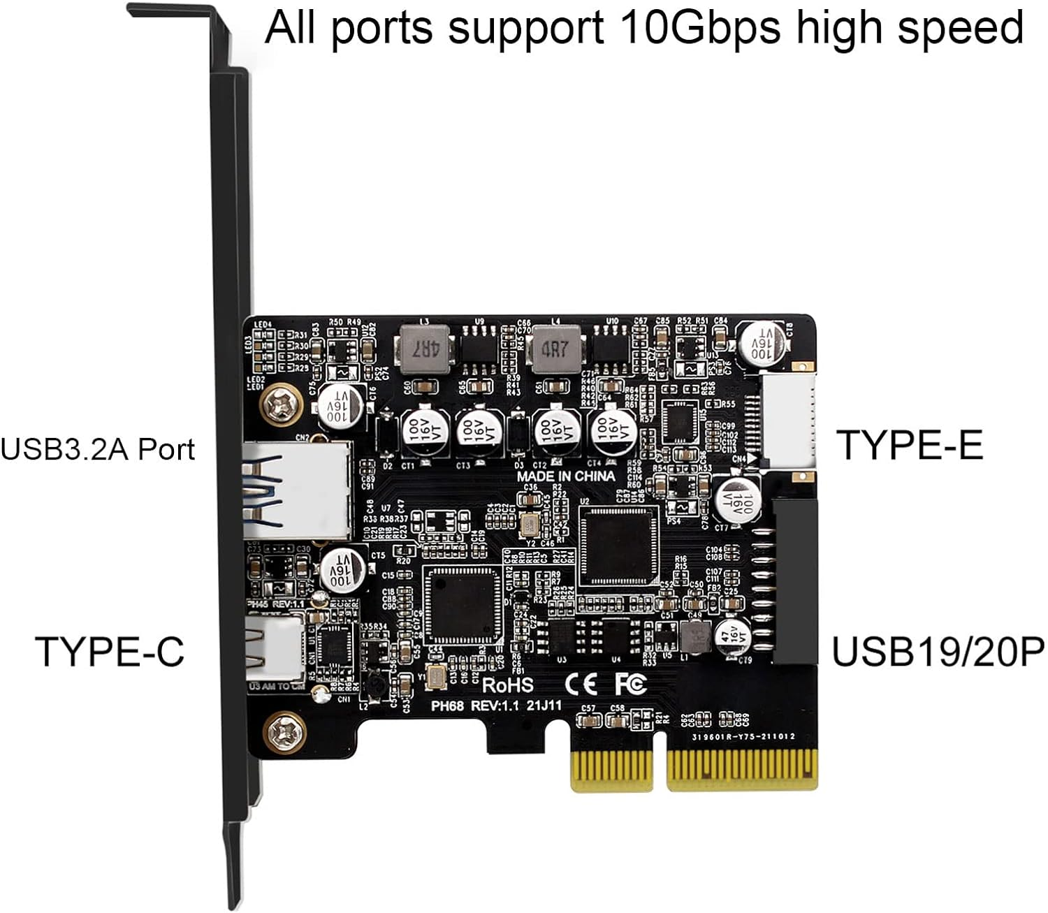 Pcie to USB 3.2 Gen 2 Adapter, Dual Port (1X Type a + 1X Type C), 10Gbps High-Speed Internal 19 Pin Connector, Front Type E for Desktop Computer image number 3