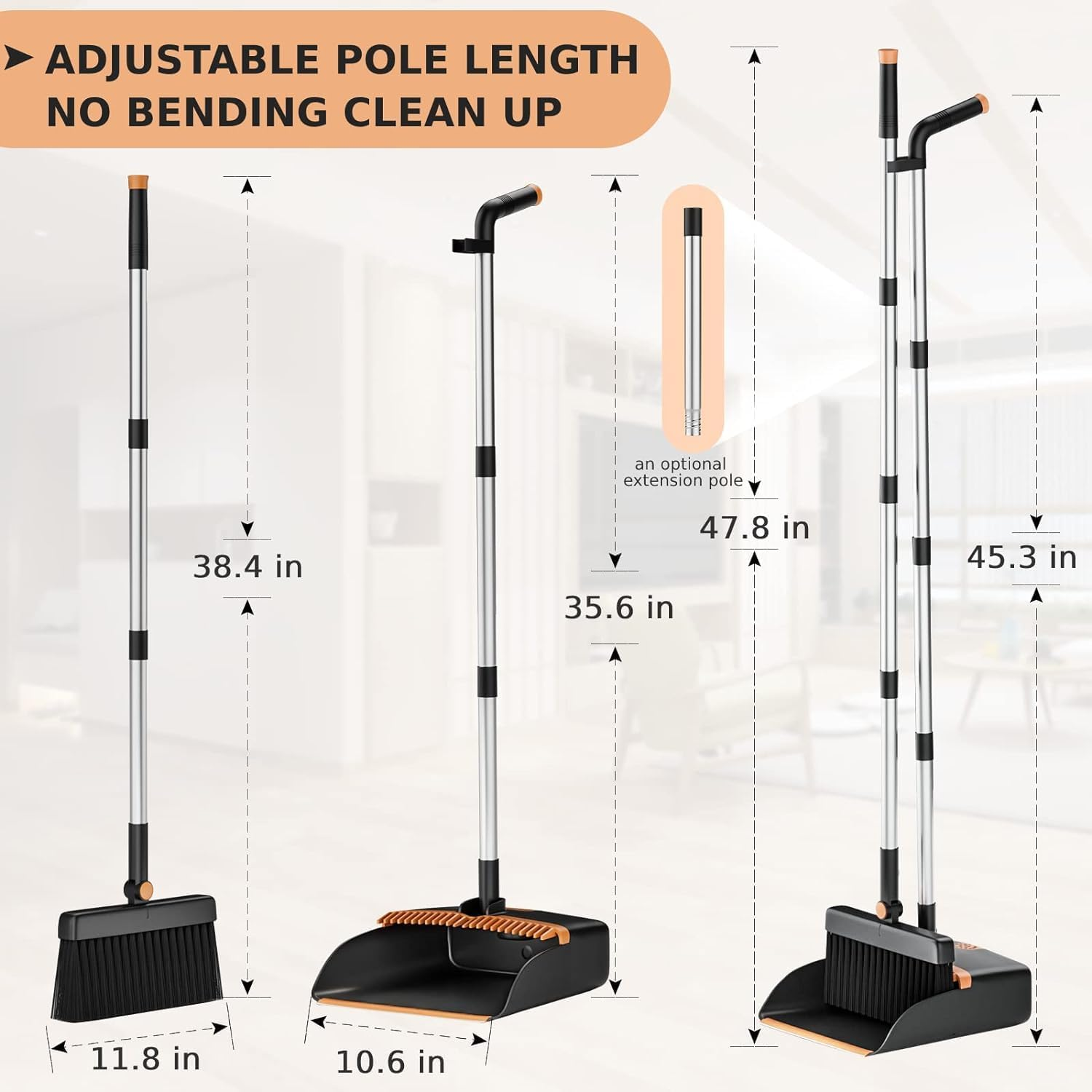 Broom and Dustpan Set, Cleaning Supplies Broom and Dustpan Set for Home, 48" Long Stainless Steel Handle Brooms with Upright Dustpan Combo Set for Home Office Kitchen Lobby Floor Cleaning image number 3