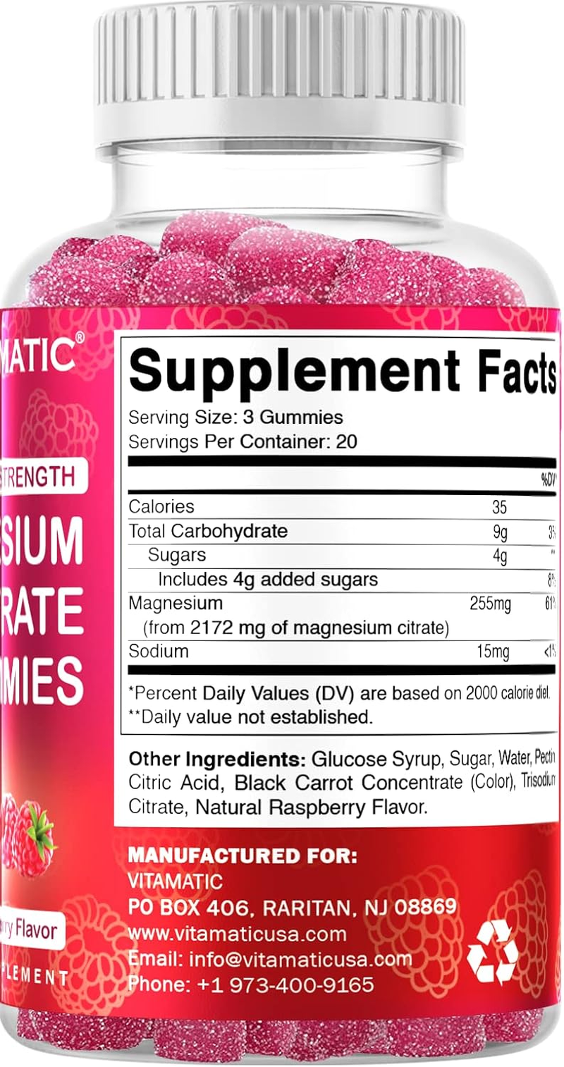 Vitamatic Extra Strength Magnesium Gummies 255 Mg (Elemental Mg) per Serving - 60 Vegan Gummies - Promotes Healthy Relaxation, Muscle, Bone, & Energy Support