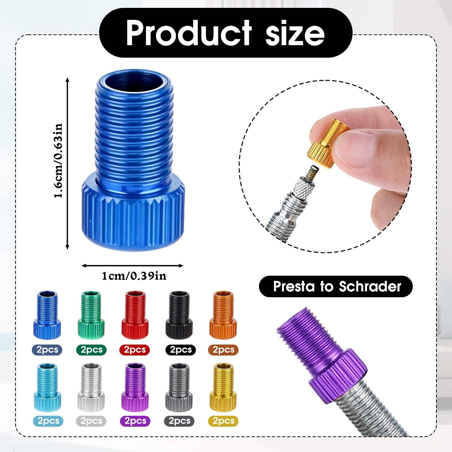 20 Pcs Aluminum Presta Valve Adaptor, Convert Presta to Schrader, French UK to Us Adaptor Universal Inflate Tire Using Standard Pump or Air Compressor Bike Inflatable Connector (10 Colors)