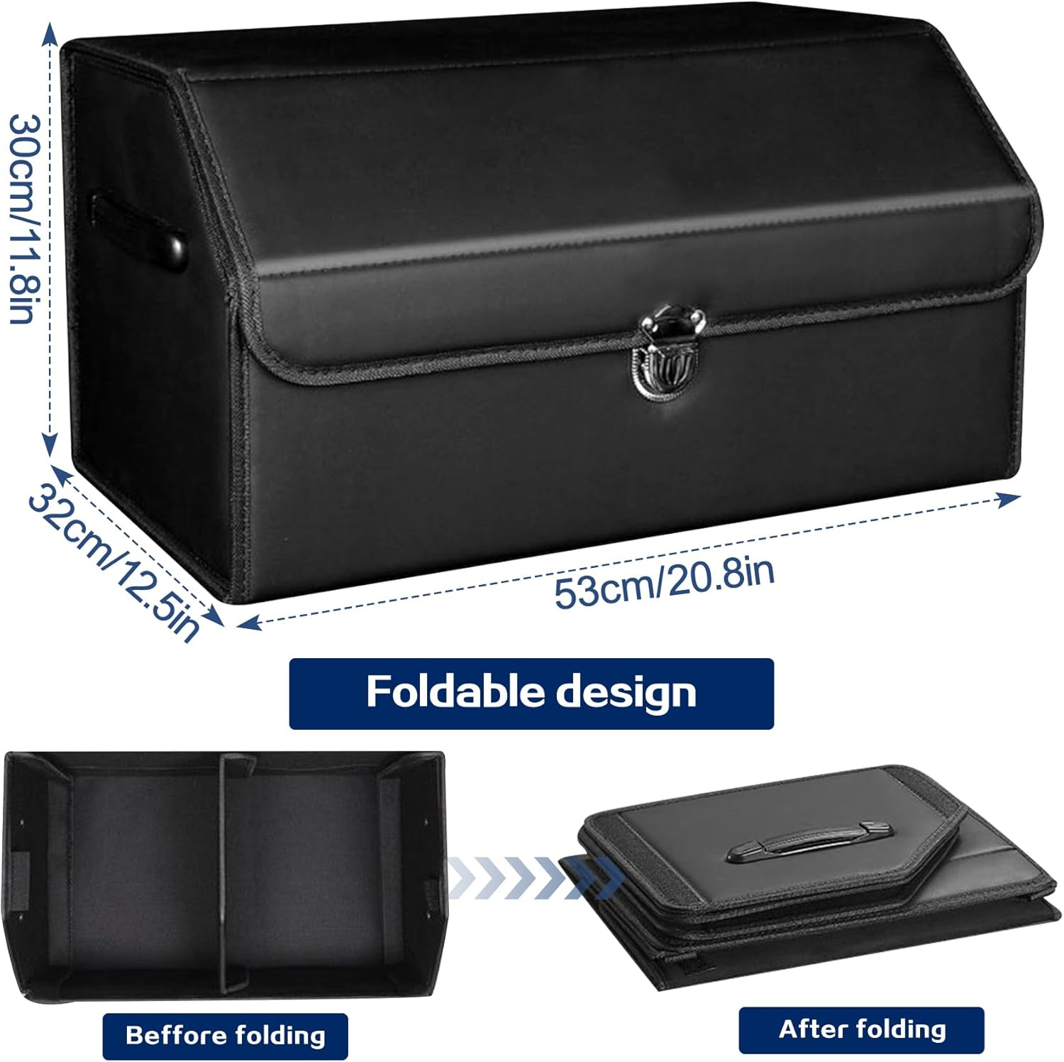 Trunk Organizers for Car, Boot Organizer for Suvs, Leather Storage Box for Sedan, Button Lid, Collapsible Adjustable Compartment Boot Tidy Organizer Accessories for Sedan Pickup Truck RV (Black) image number 4