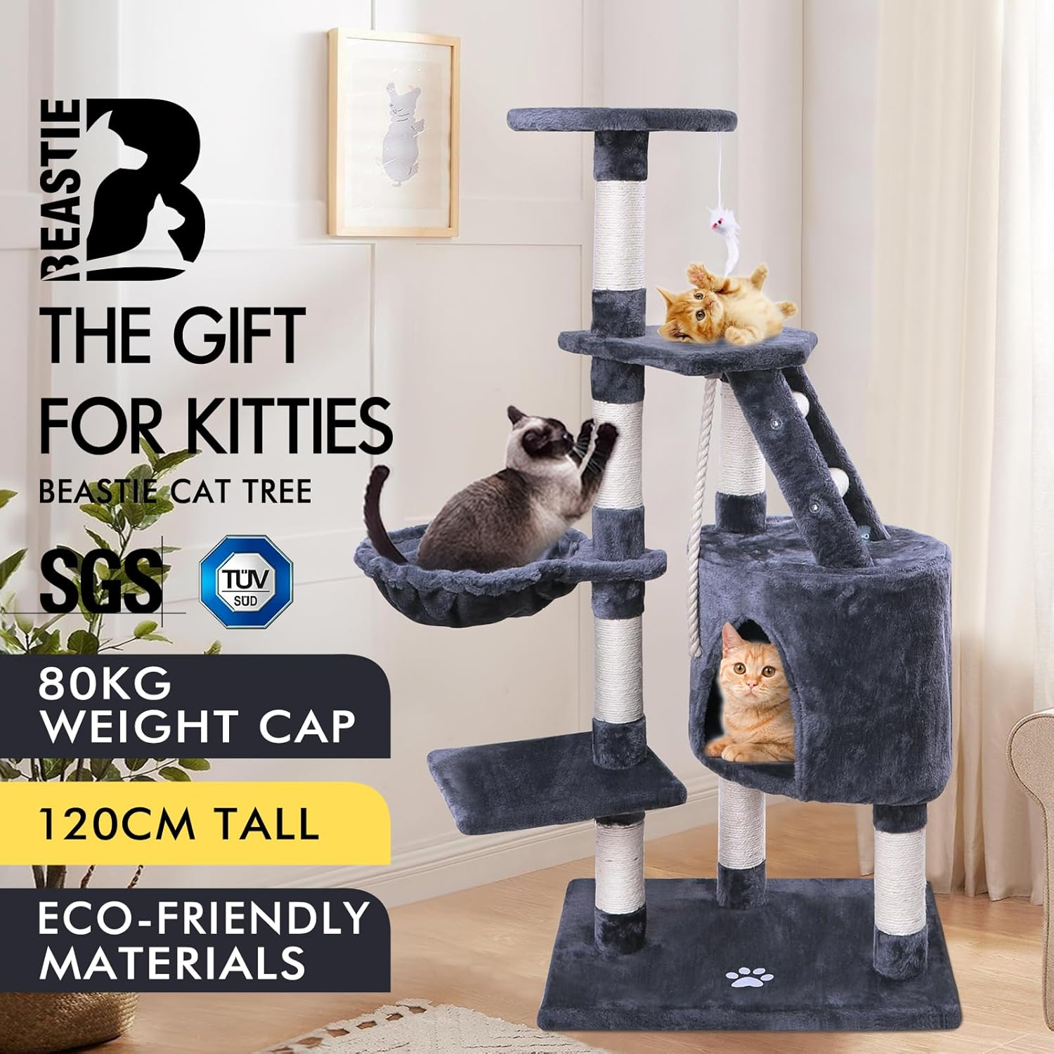 BEASTIE Cat Tree Scratching Post Scratcher Tower Condo House Furniture Wood 120 Cm High Grey Colour image number 4
