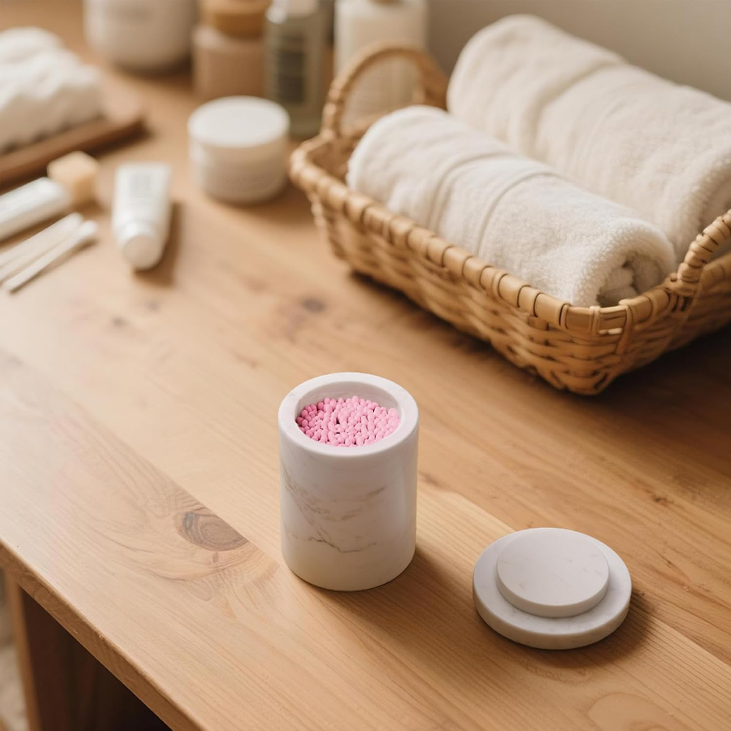 WORHE Marble Canister with Lid Natural Qtip Holder for Cotton Swabs, Balls, Pads, Floss Picks, Bath Salts - Vanity Makeup Storage Organizer Bathroom Essentials Accessories Decor White (DL011) image number 4