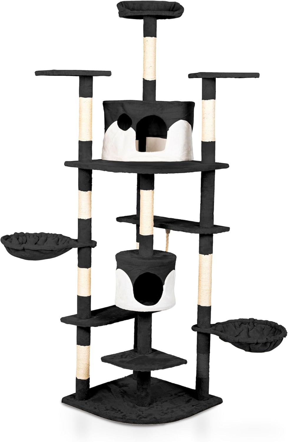 Casa Basics Cat Tree Scratching Post for 1-3 Cats, Large Height 204 Cm Climbing Tower, Multi-Level Stable, Activity Trees, Platforms, Rope, Rope, Hutches, Nests, Soft Plush Fabric (Black)