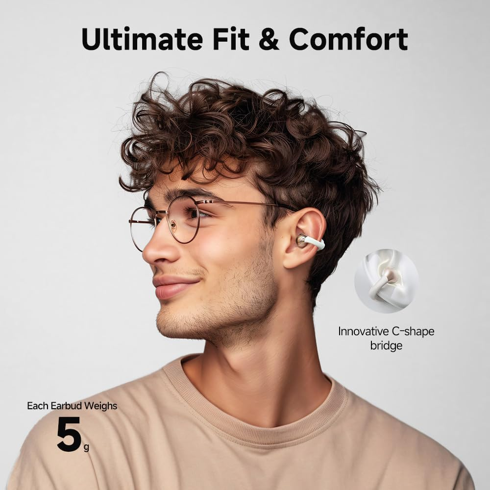 QCY Crossky C30 Open Ear Earbuds Wireless Bluetooth, Clip-On Headphones with 4 ENC Noise Cancelling Mic, Stable Fit, Dual Connection, EQ Customized, Sports Earphones for Workout/Running (White) - Black image number 2