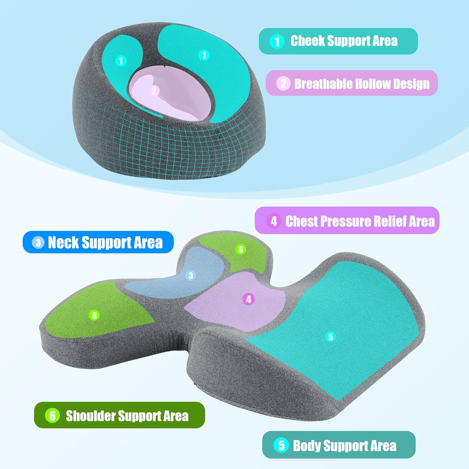 MABOZOO Face down Massage Pillow, Face down Pillow for Sleeping with Non-Slip Bottom, Home Head Cushion and Chest Cushion for SPA, Sleep (Gray) image number 5