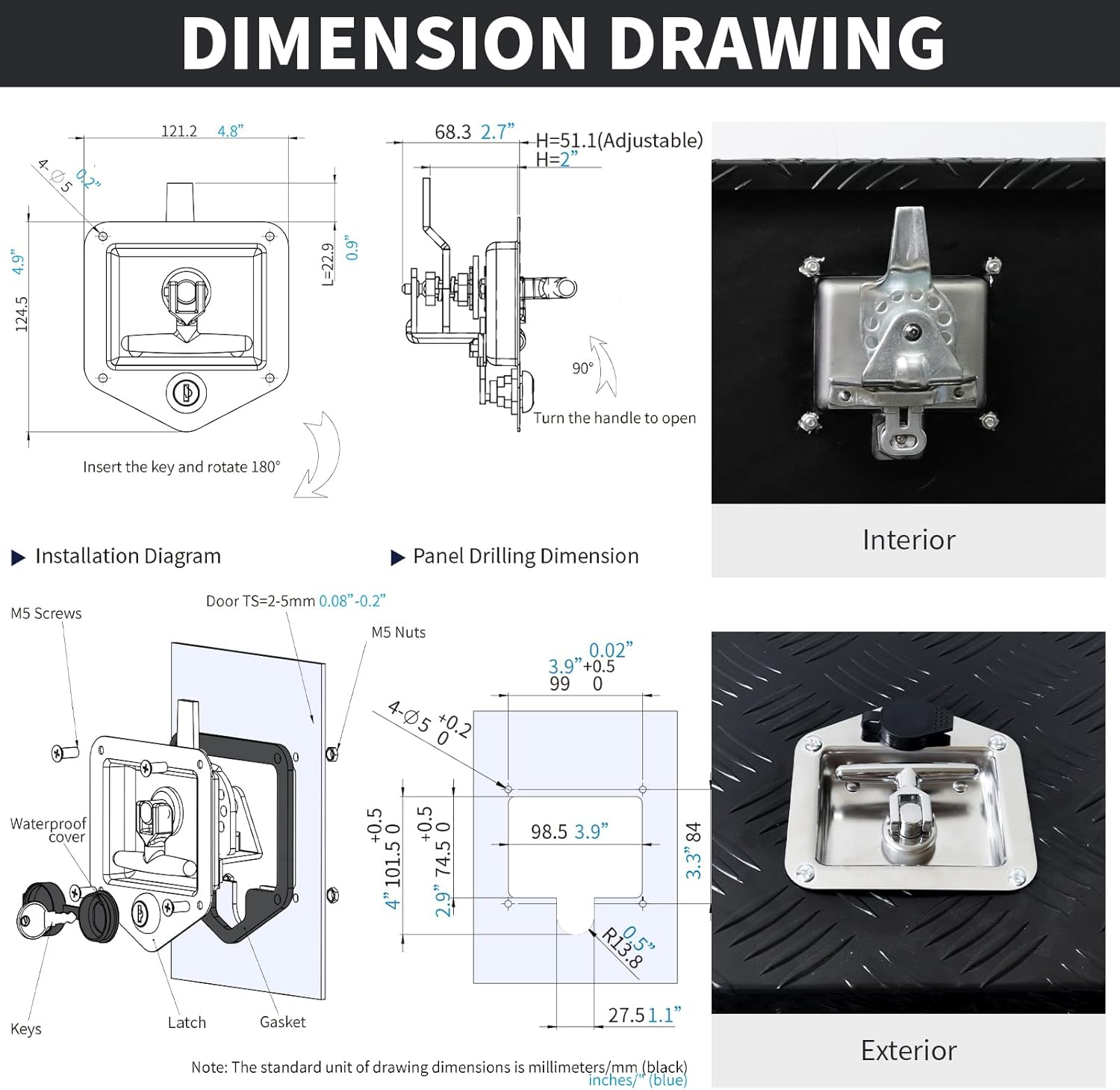 Loclink T-Handle Truck Tool Box Latch Replacement Kit 304 Stainless Steel Folding Lock with Keys,Truck Box, Trailer Door, RV, Camper, Storage Box, 124.5 * 121.2Mm image number 2