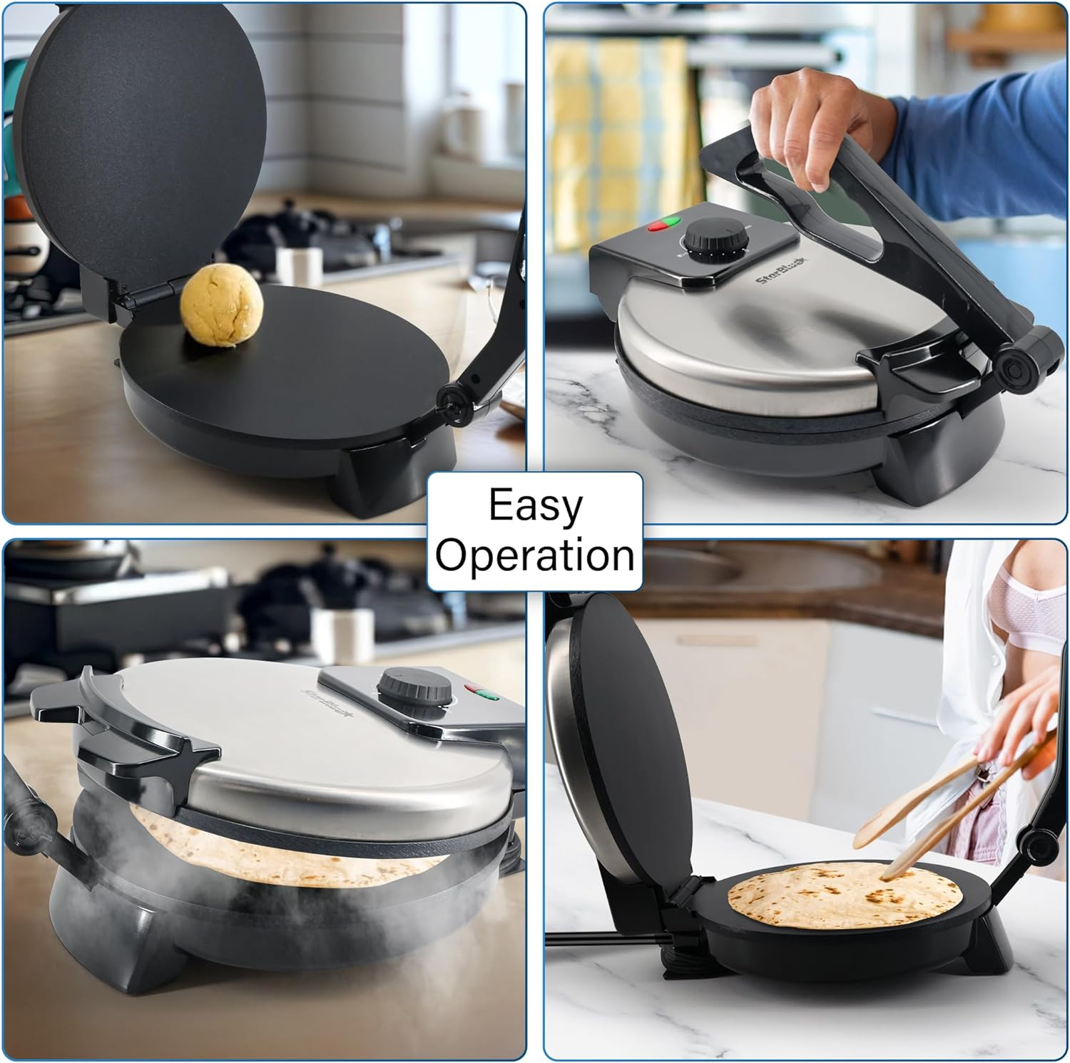 Starblue 25.4Cm Roti Maker Machine with Free Roti Heater and Removable Handle - Indian Chapati, Tortilla, Roti AC220-240V 50/60Hz 1200W, UK Plug with AU Adaptor image number 6
